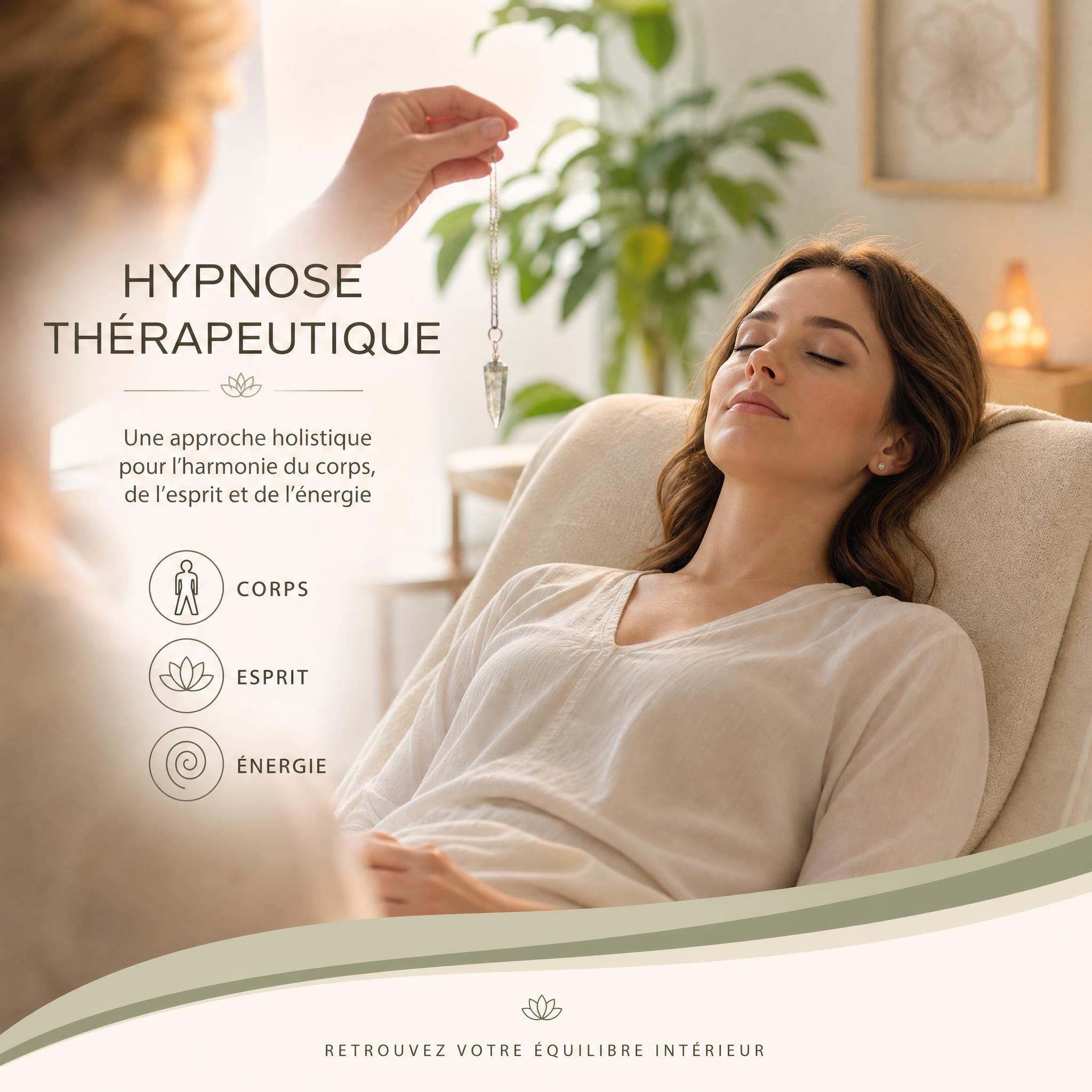 femme en séance d'hypnose thérapeutique, regard apaisé, lumière douce, approche holistique corps esprit énergie