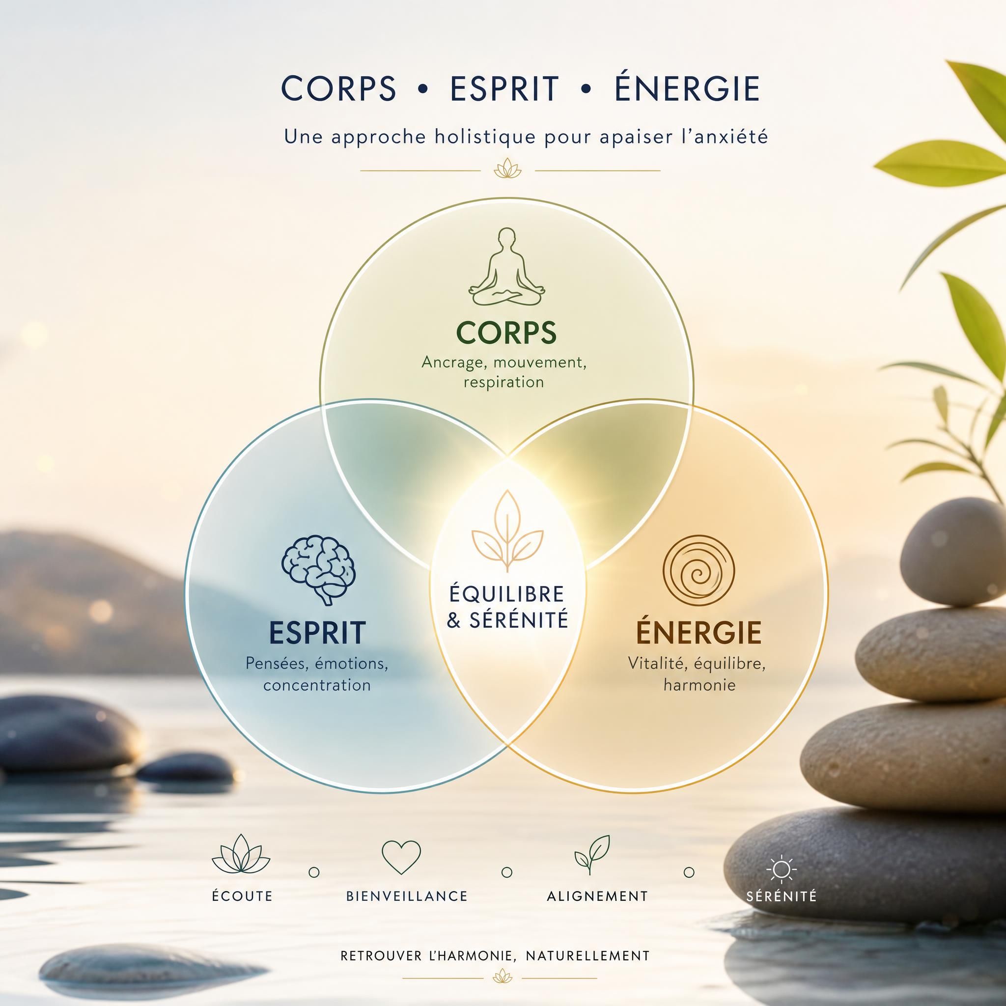 représentation symbolique des trois dimensions corps esprit énergie, cercles interconnectés, lumière et sérénité, approche holistique anxiété