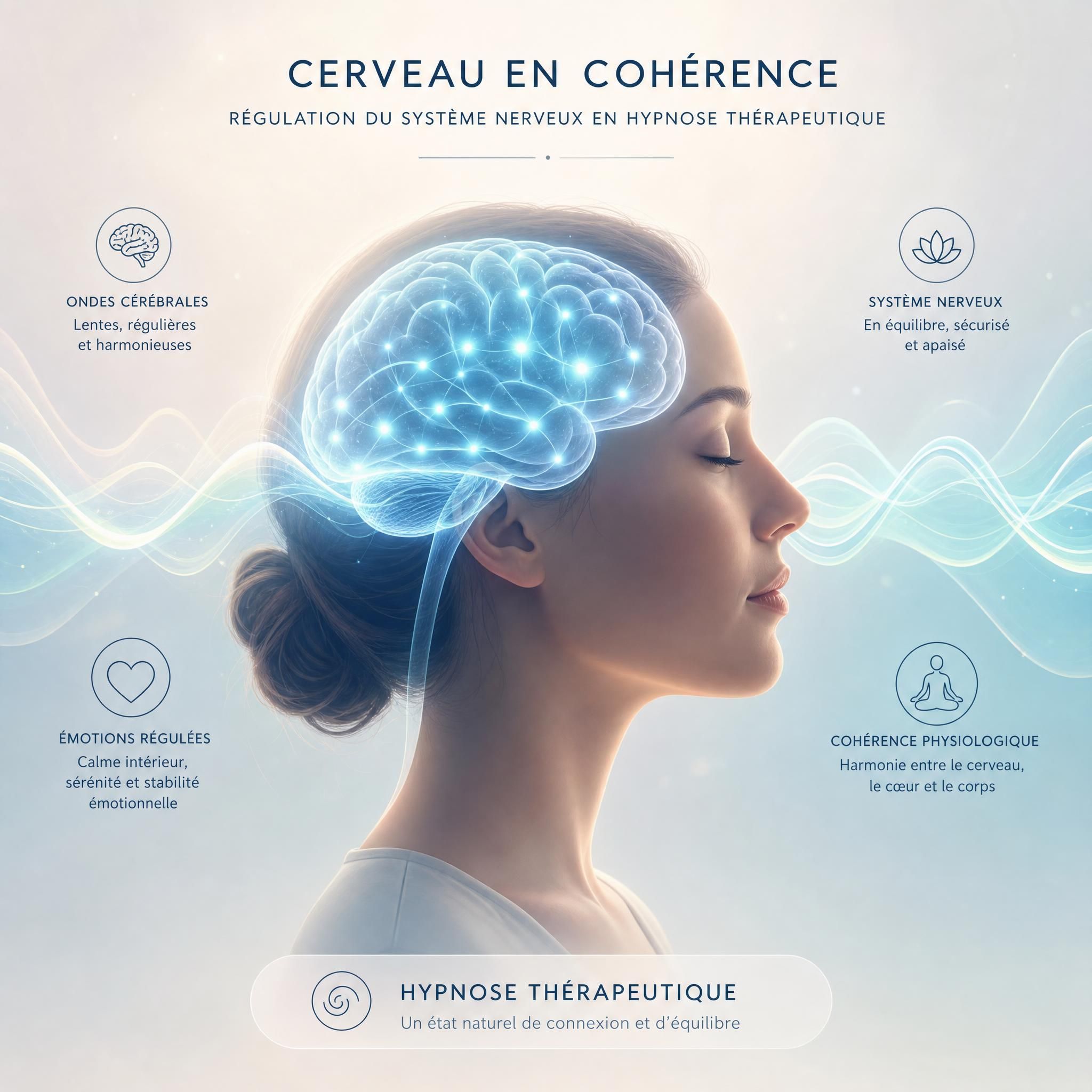 Représentation visuelle du cerveau en état de cohérence, avec des ondes douces symbolisant la régulation du système nerveux pendant l'hypnose thérapeutique