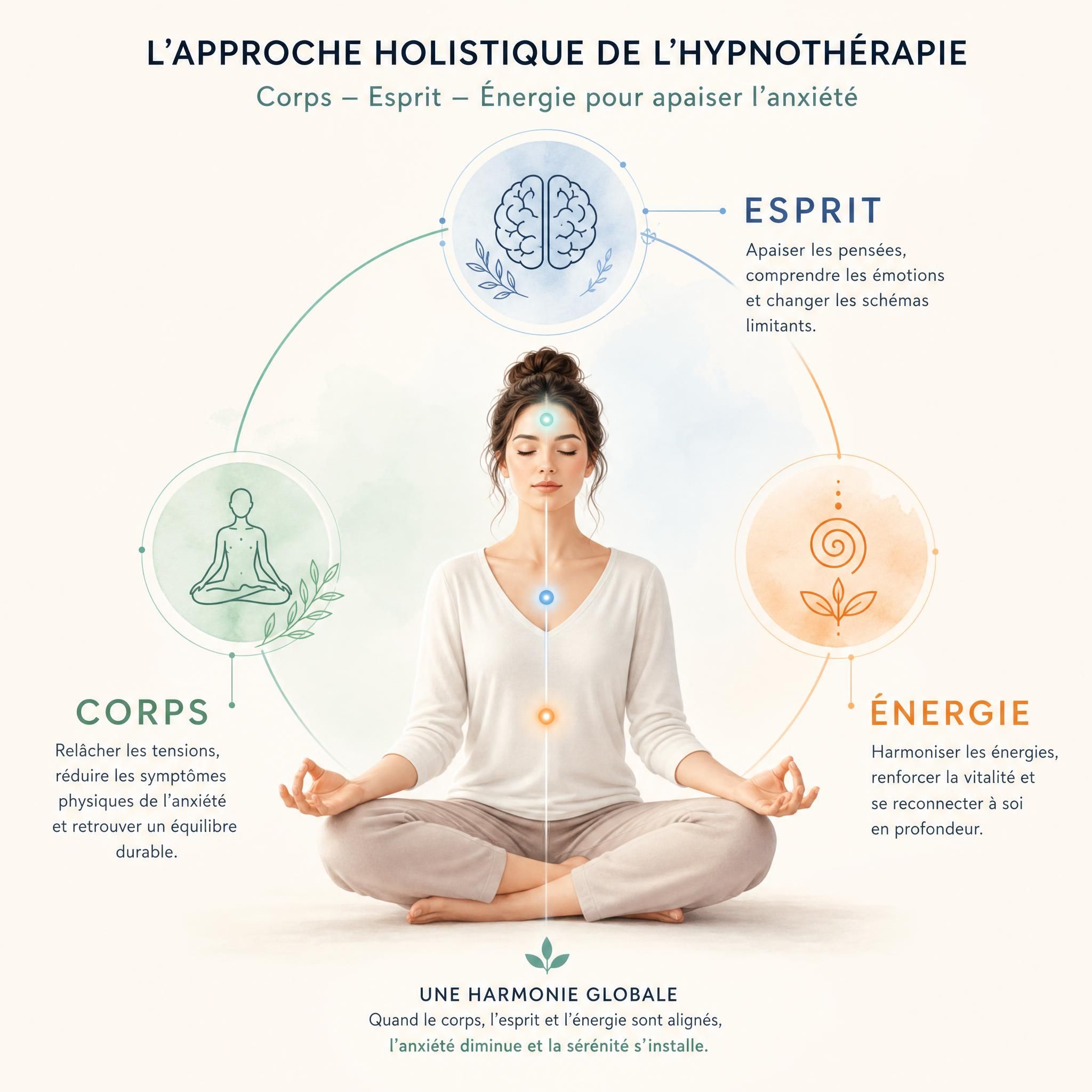 Représentation symbolique des trois dimensions corps-esprit-énergie dans l'approche holistique de l'hypnothérapie pour l'anxiété