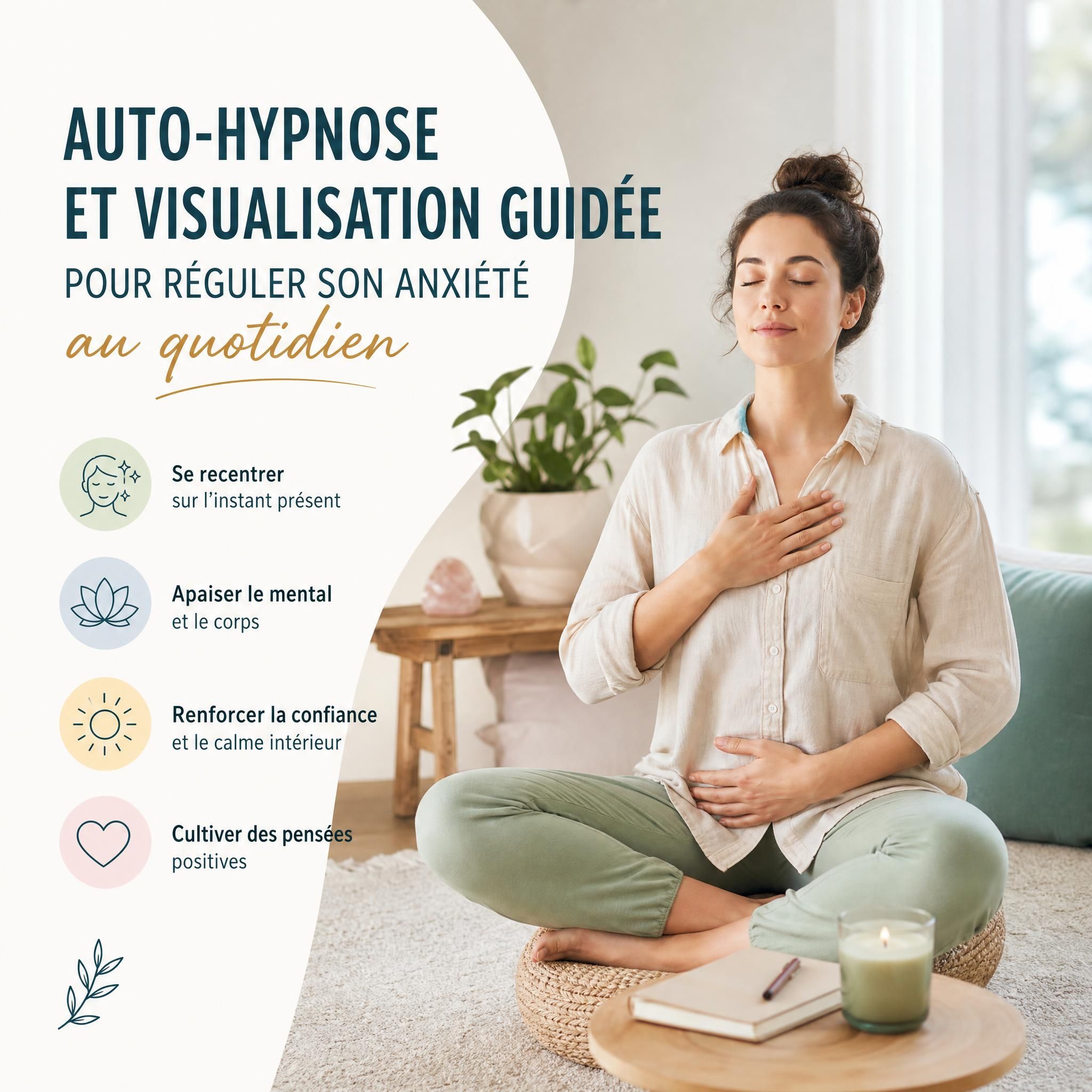 Femme pratiquant l'auto-hypnose et la visualisation guidée pour réguler son anxiété au quotidien, assise dans un espace calme et lumineux