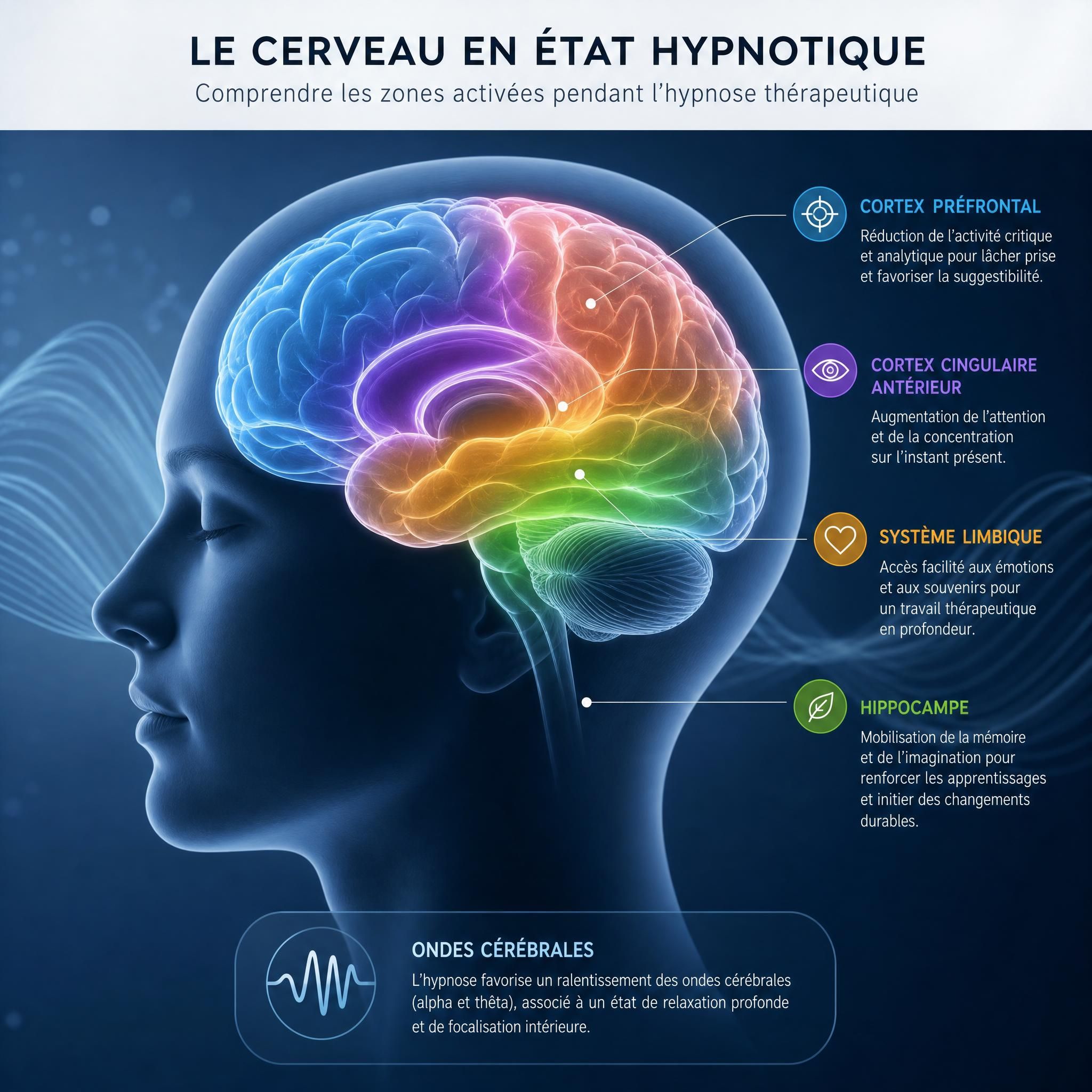 illustration cerveau en état hypnotique avec zones activées en couleur, neurosciences hypnose thérapeutique