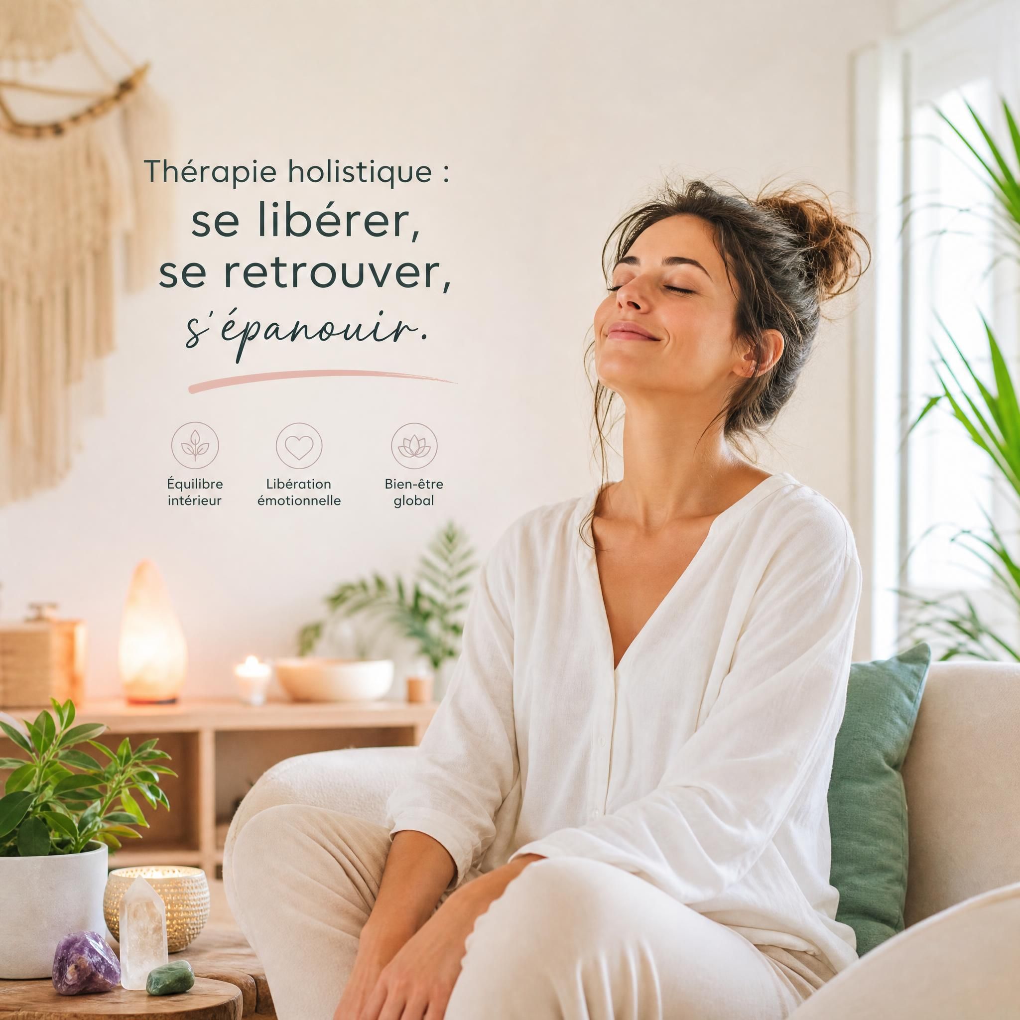 femme sereine après séance de thérapie holistique, sentiment de légèreté et de libération émotionnelle