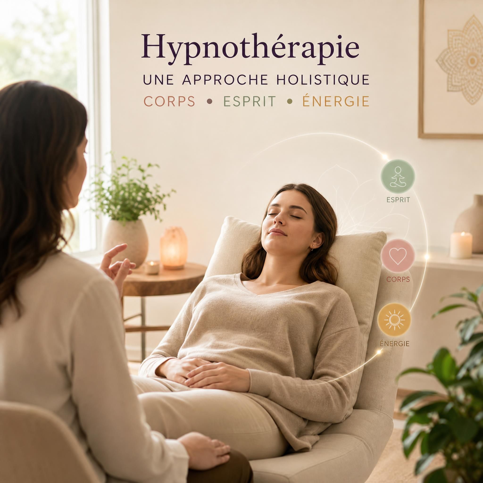 femme sereine en séance d'hypnothérapie, lumière douce, approche holistique corps-esprit-énergie