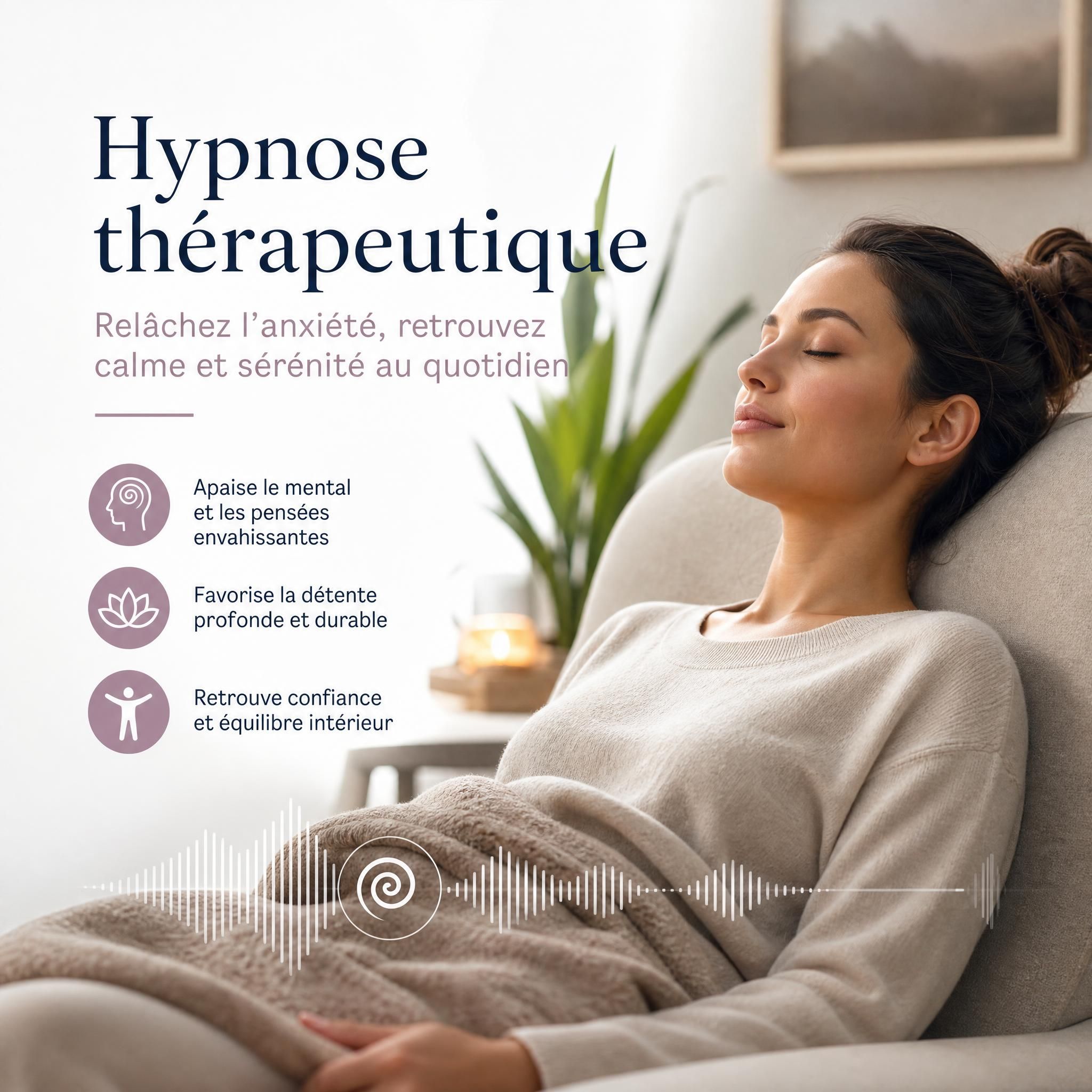 Femme sereine pratiquant la relaxation guidée par hypnose thérapeutique pour libérer l'anxiété quotidienne