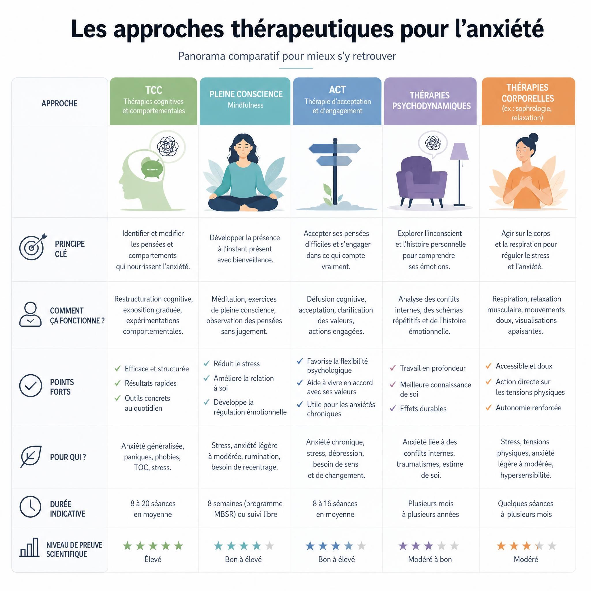 tableau comparatif illustré des différentes approches thérapeutiques pour l'anxiété, fond épuré et professionnel