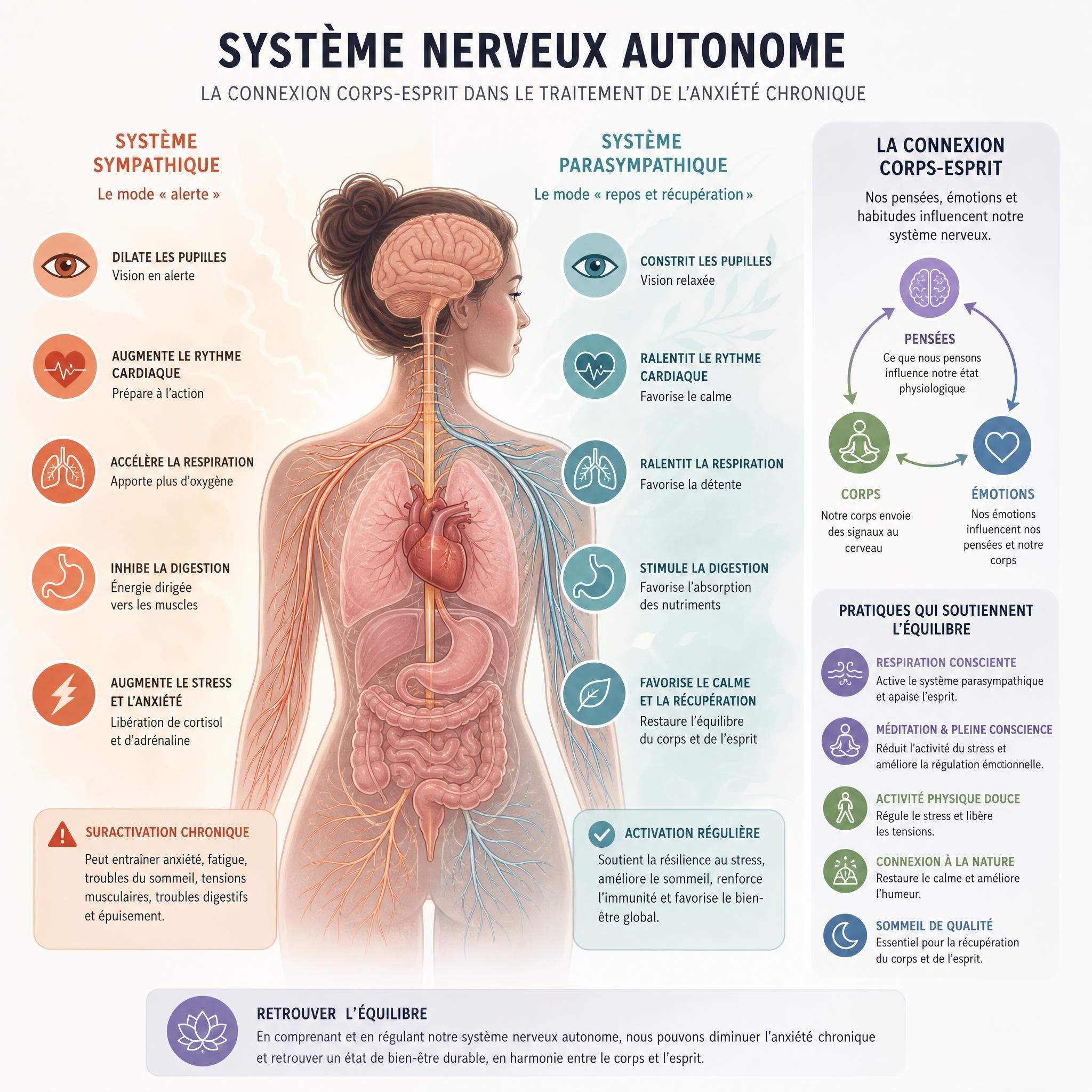 Illustration du système nerveux autonome et de la connexion corps-esprit dans le traitement de l'anxiété chronique