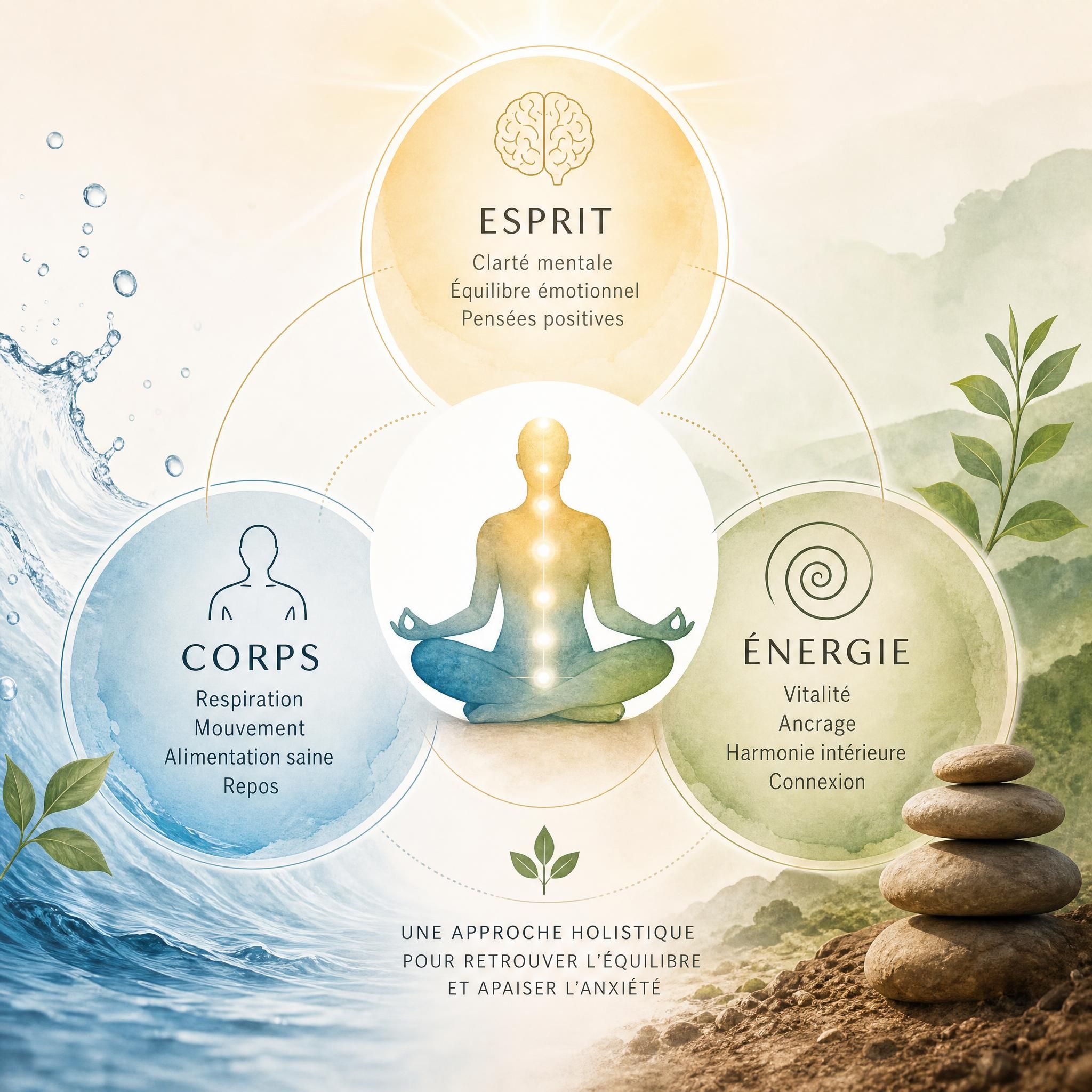 Représentation symbolique des trois dimensions corps esprit énergie, avec des éléments naturels (lumière, eau, terre) illustrant l'approche holistique de l'anxiété