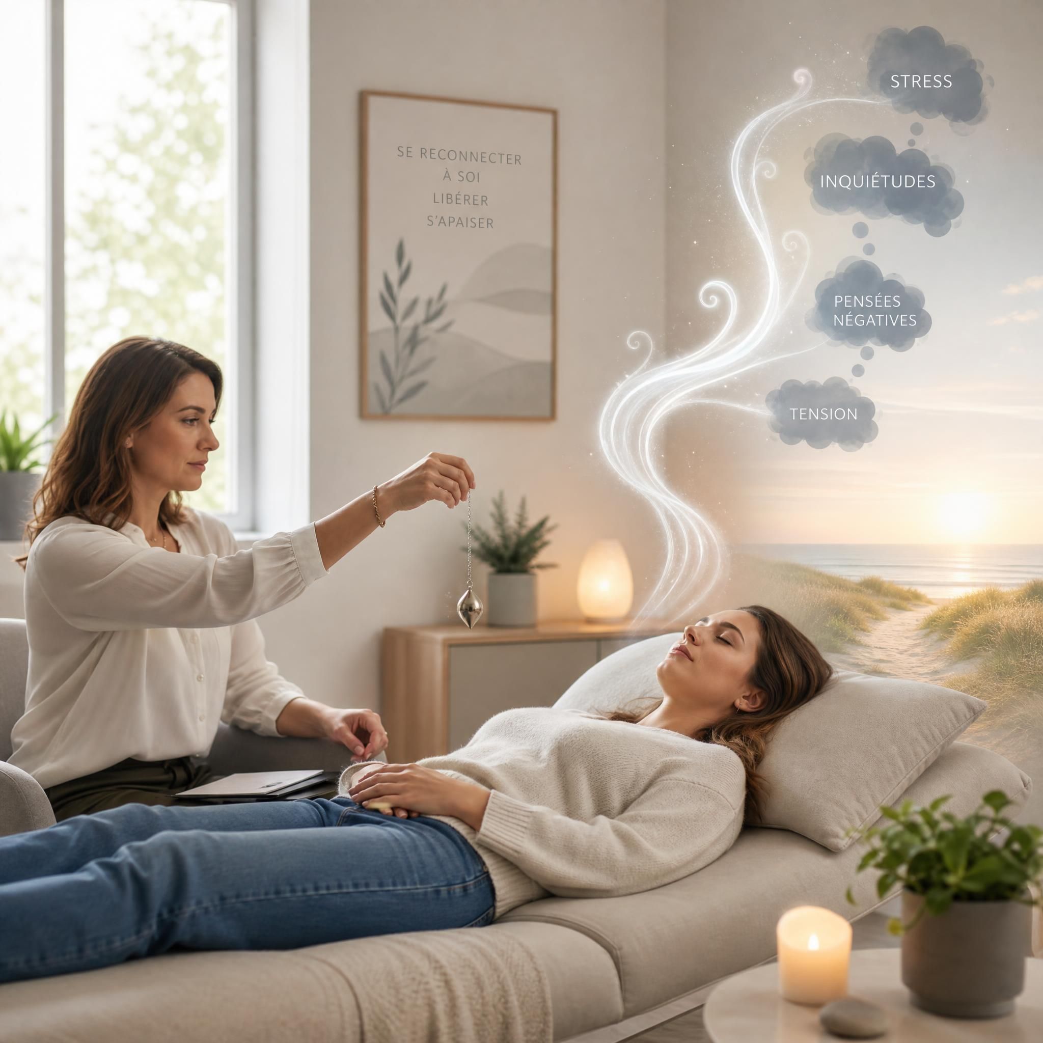 Femme en séance d'hypnose thérapeutique, allongée, dans un cabinet lumineux et apaisant, illustrant la libération de l'anxiété quotidien