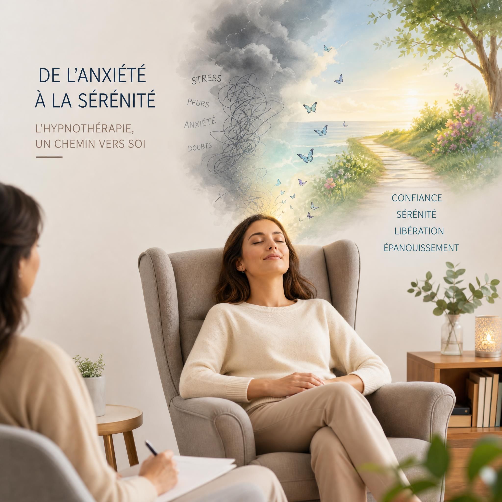Femme sereine assise dans un fauteuil confortable lors d'une séance d'hypnothérapie, représentant la transformation émotionnelle et la libération de l'anxiété