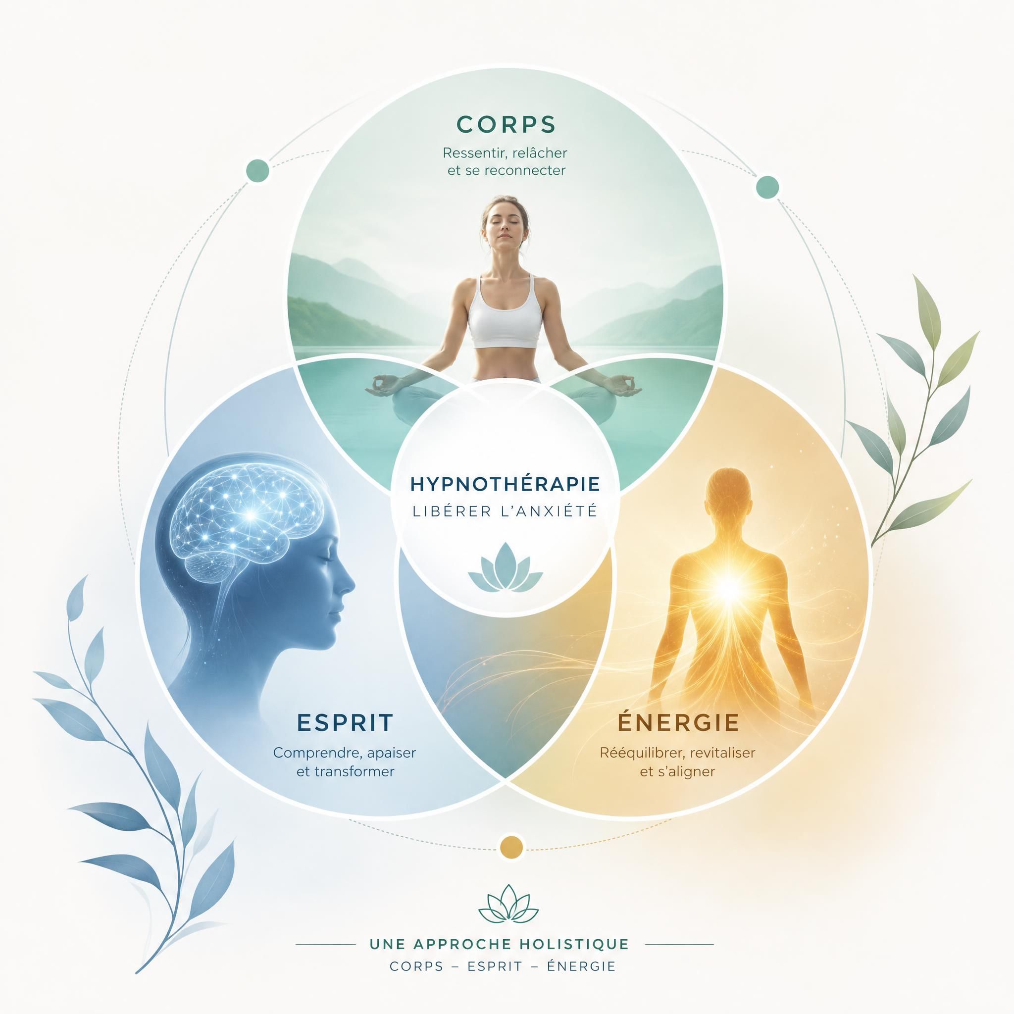 Illustration symbolique des trois dimensions corps-esprit-énergie avec des cercles interconnectés représentant l'approche holistique de l'hypnothérapie pour libérer l'anxiété