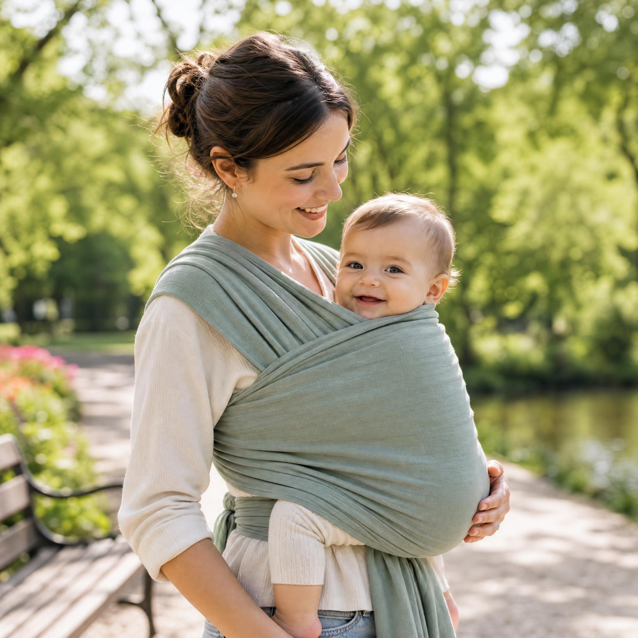 Maman portant son bébé avec une écharpe de portage en tissu, souriant dans un parc
