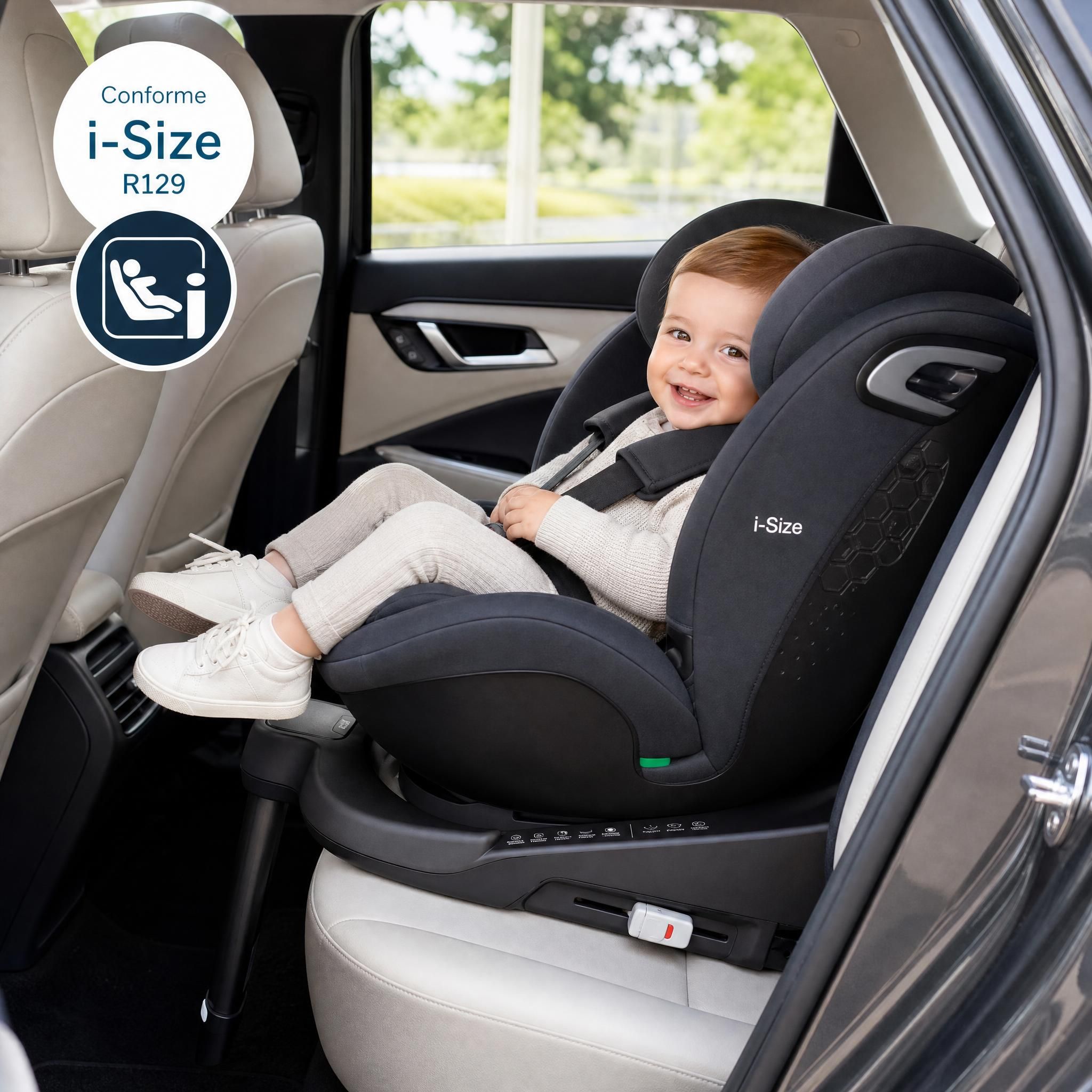 Siège auto pivotant i-Size installé dans une voiture avec bébé souriant, vue de côté