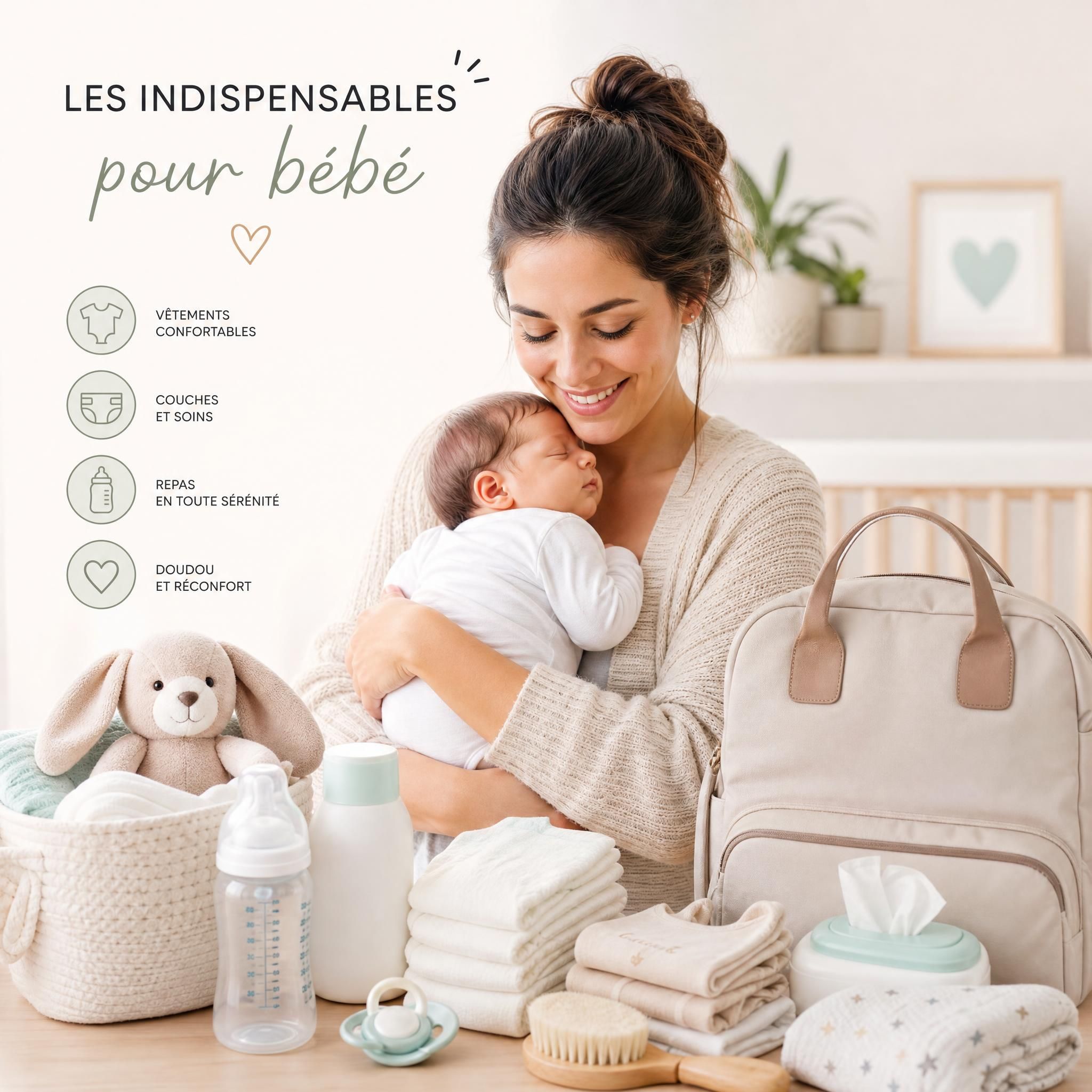 jeune maman souriante tenant son nouveau-né dans ses bras entourée d'accessoires bébé indispensables
