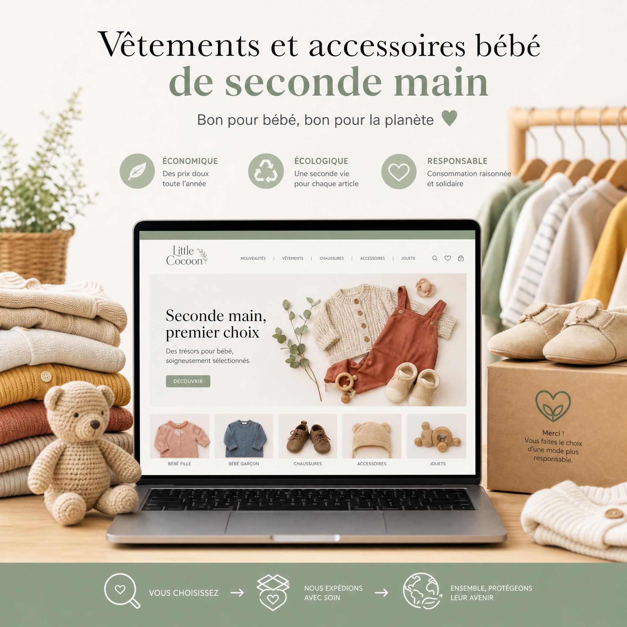 Vêtements et accessoires bébé de seconde main soigneusement présentés sur une boutique en ligne, économie circulaire puériculture