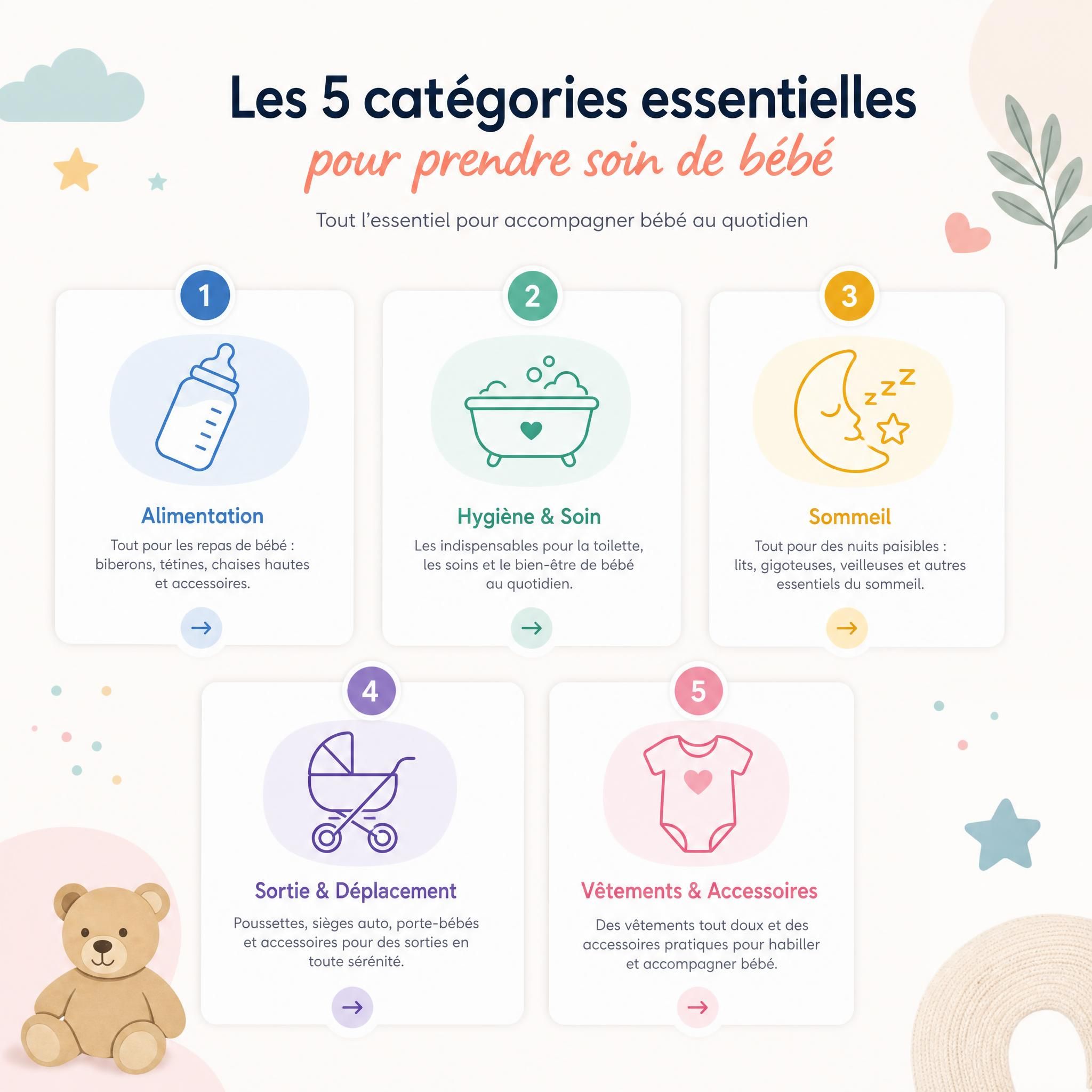 tableau de bord visuel avec les 5 catégories essentielles puériculture bébé illustrées avec des icônes colorées