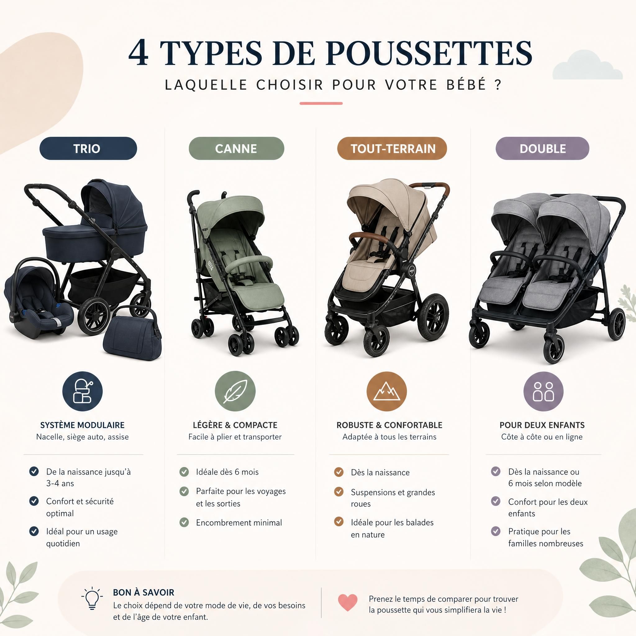 Comparatif visuel de quatre types de poussettes bébé côte à côte – trio, canne, tout-terrain, double