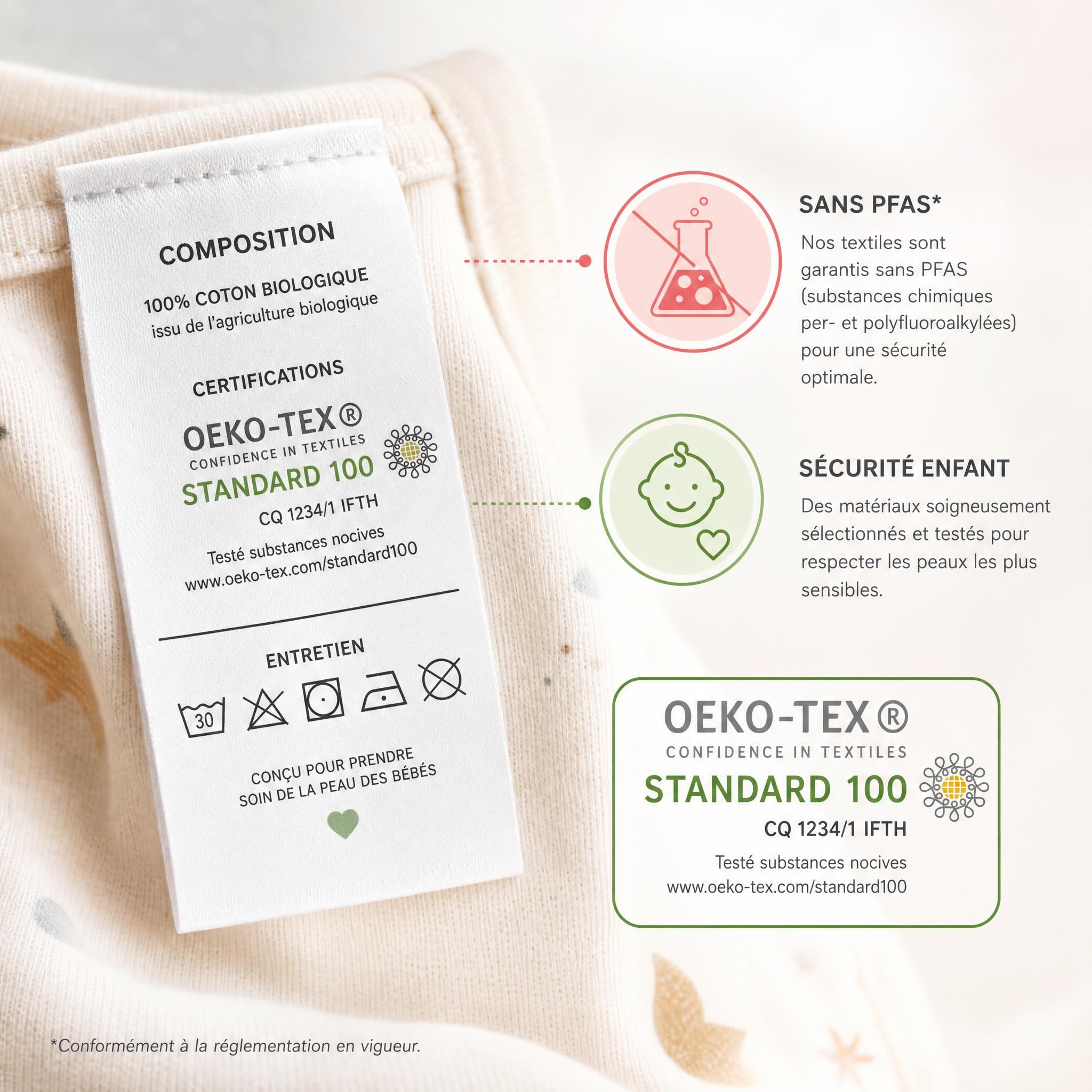 Étiquette de composition textile sur un vêtement bébé avec symboles chimiques PFAS et certification Oeko-Tex pour sécurité enfant