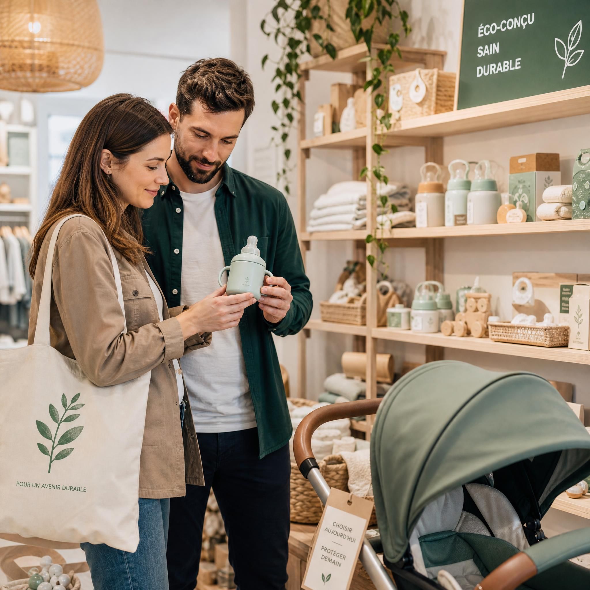 Parents conscients examinant des produits de puériculture éco-responsables dans une boutique engagée, accessoires bébé durables
