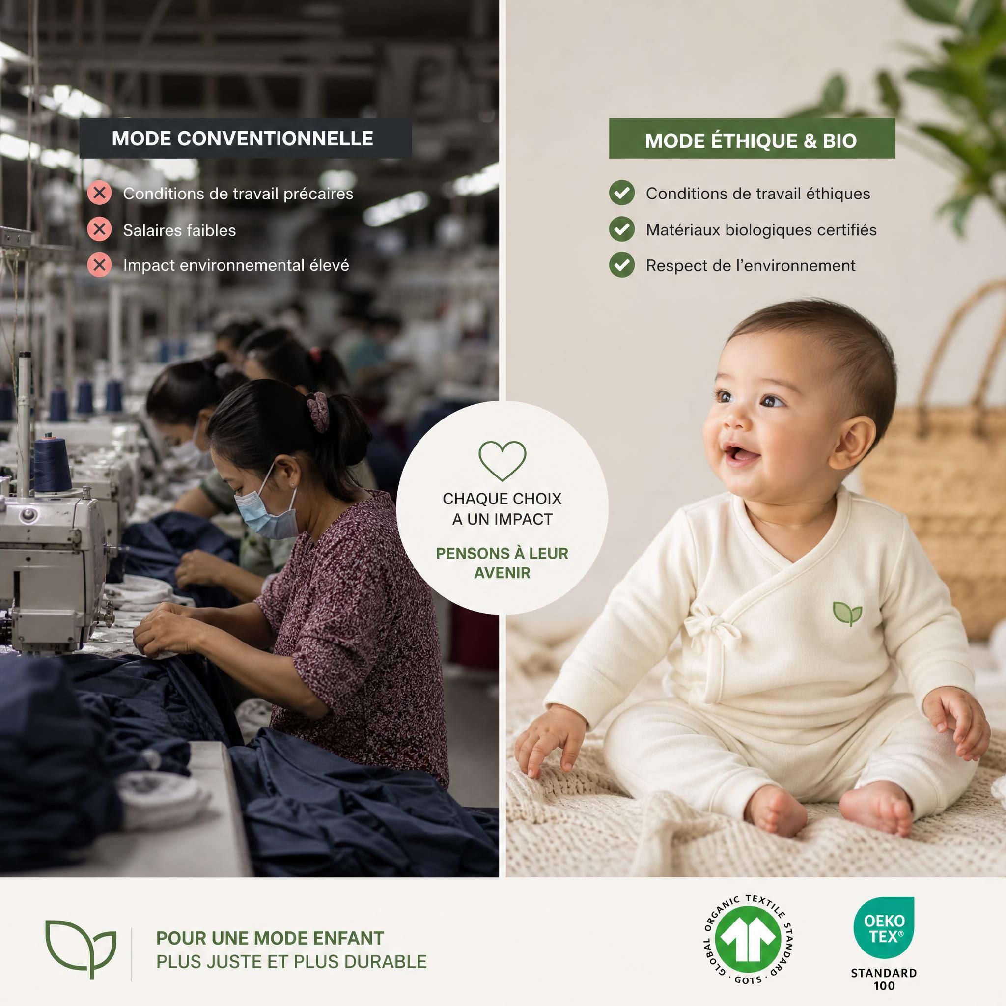 Contraste visuel entre usine textile en Asie du Sud-Est et bébé habillé en vêtements bio certifiés, impact humain de la mode enfant