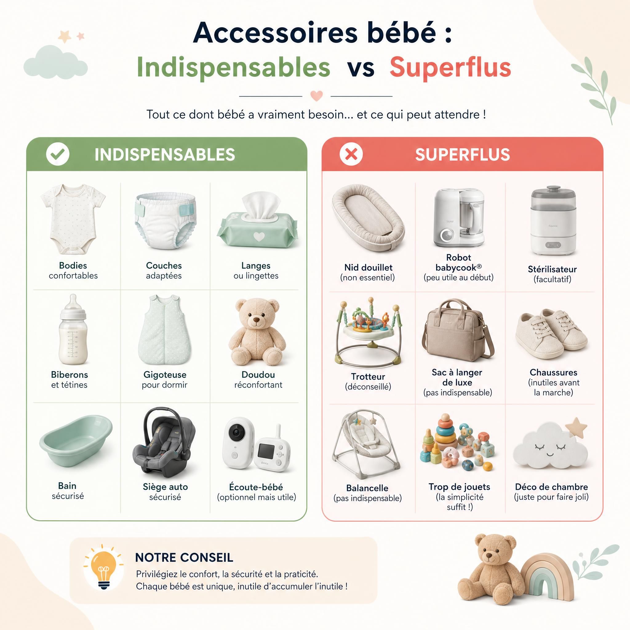 infographie comparative des accessoires bébé indispensables versus superflus avec cases vertes et rouges sur fond pastel