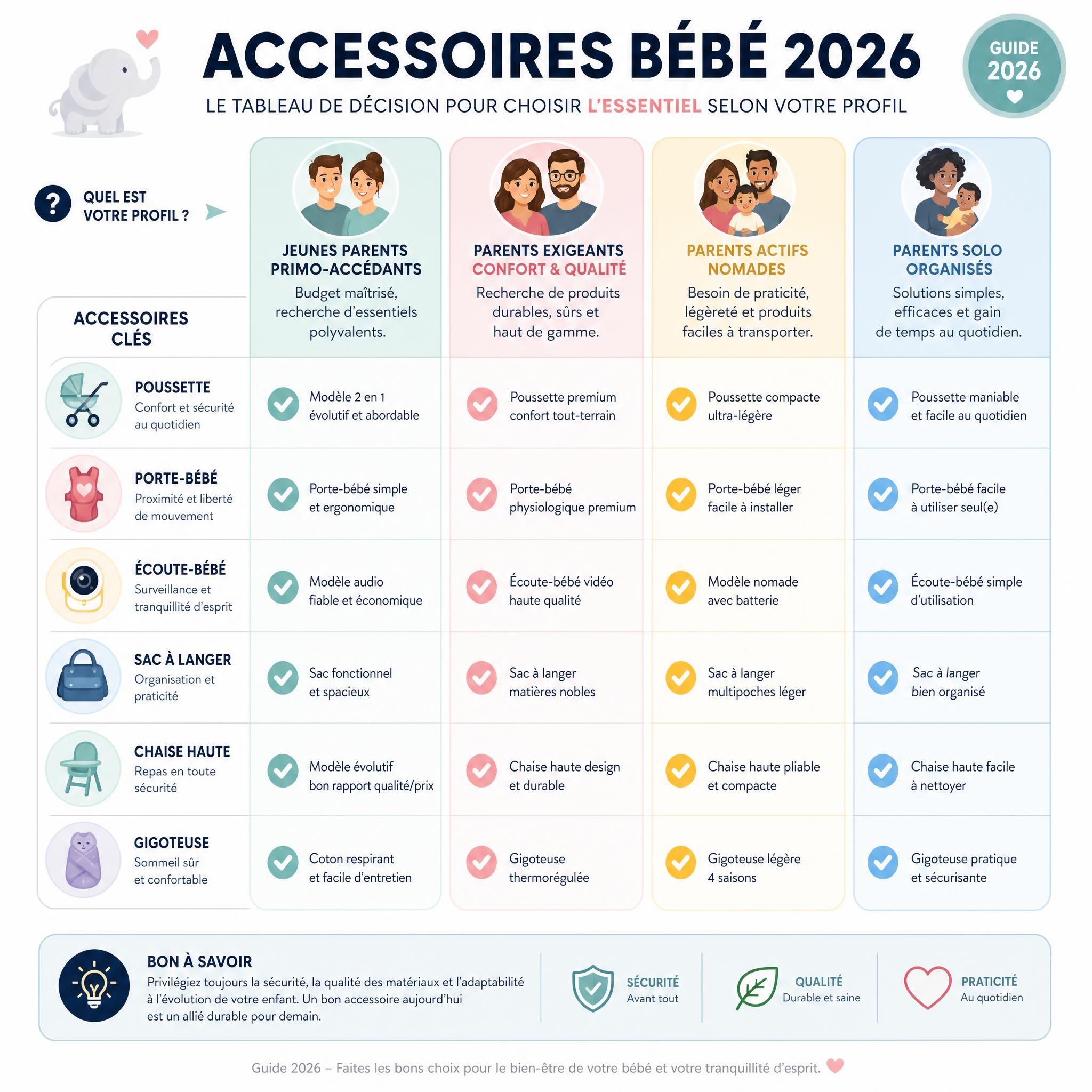Infographie tableau de décision accessoires bébé 2026 avec icônes colorées par profil de parents