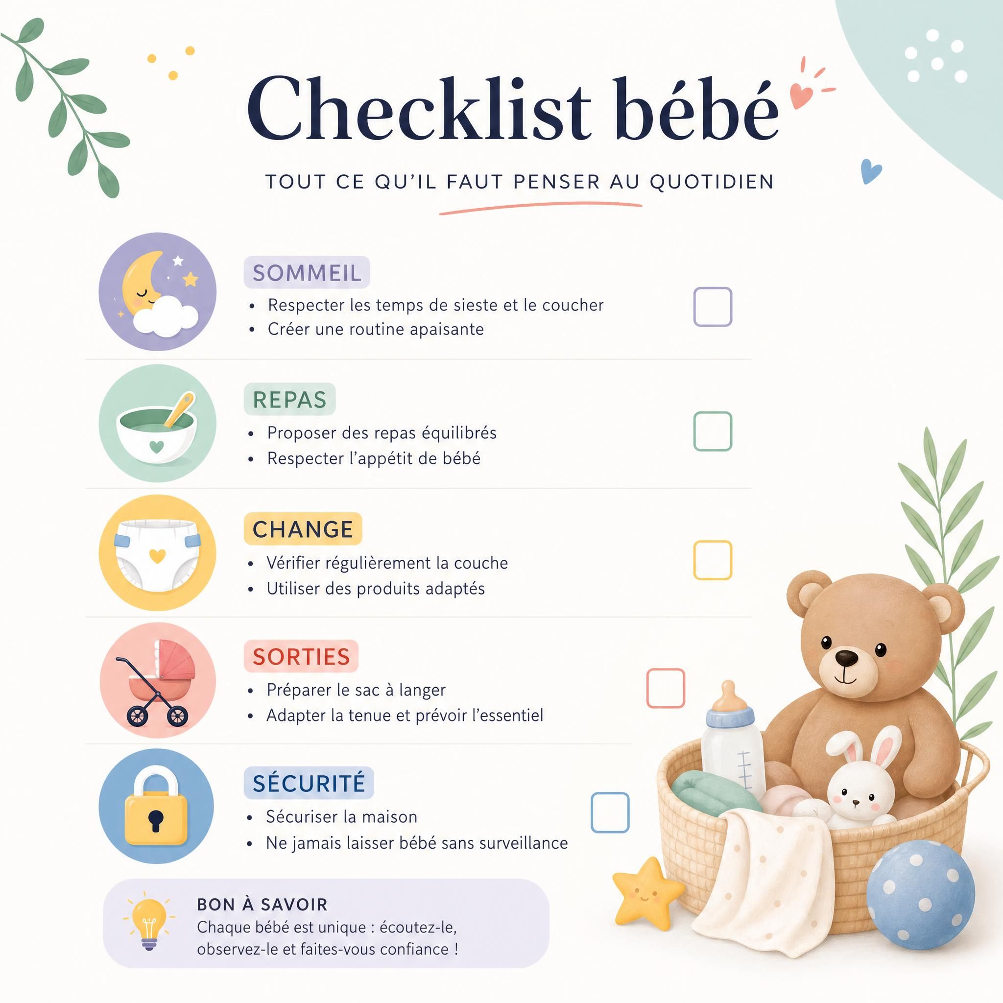 checklist bébé illustrée avec icônes colorées - sommeil, repas, change, sorties, sécurité