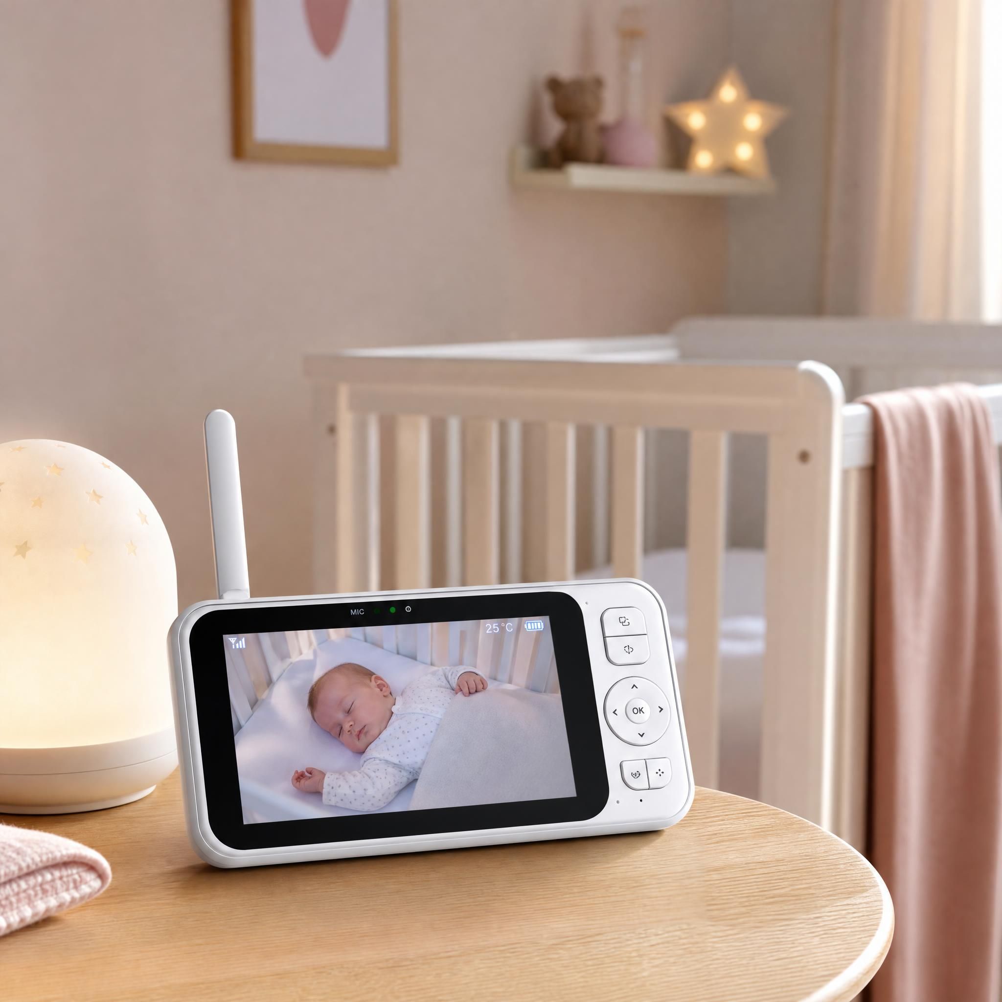 babyphone connecté avec écran vidéo posé près d'un lit de bébé en chambre douce