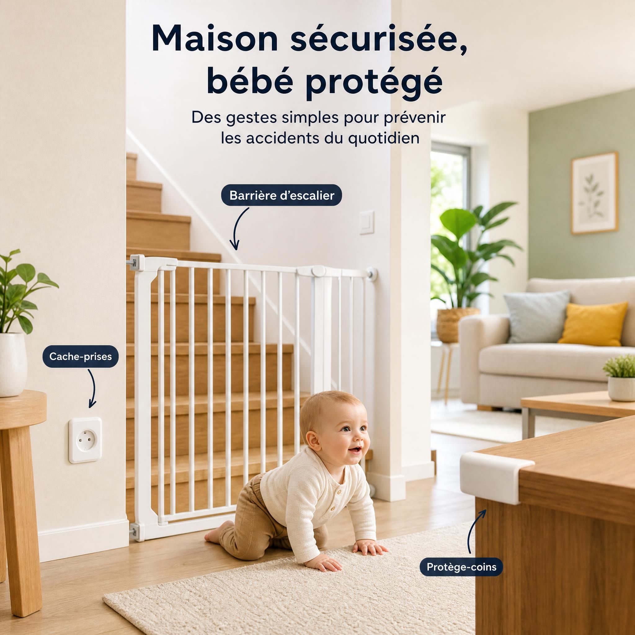 maison sécurisée pour bébé avec barrière d'escalier, cache-prises et protège-coins visibles