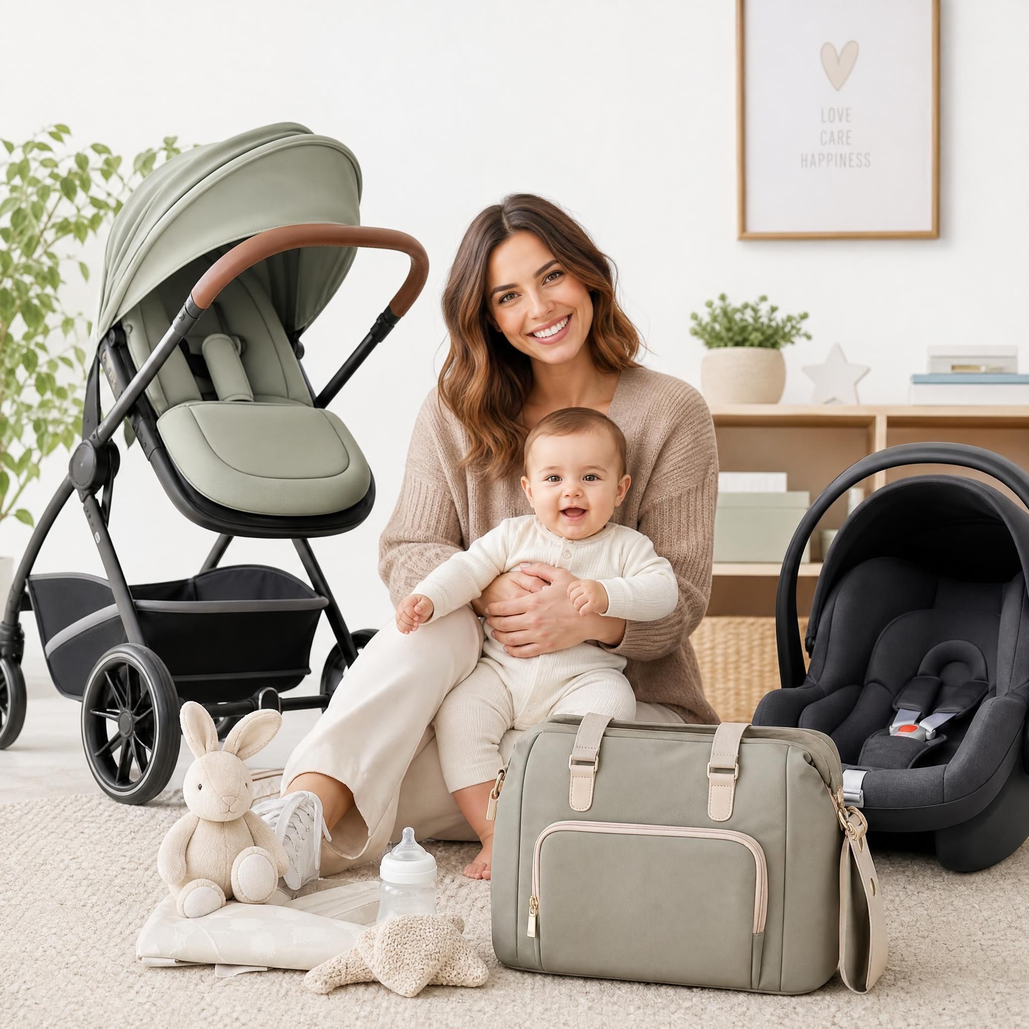 jeune maman souriante avec son bébé entourée d'accessoires de puériculture essentiels - poussette, siège auto, sac à langer