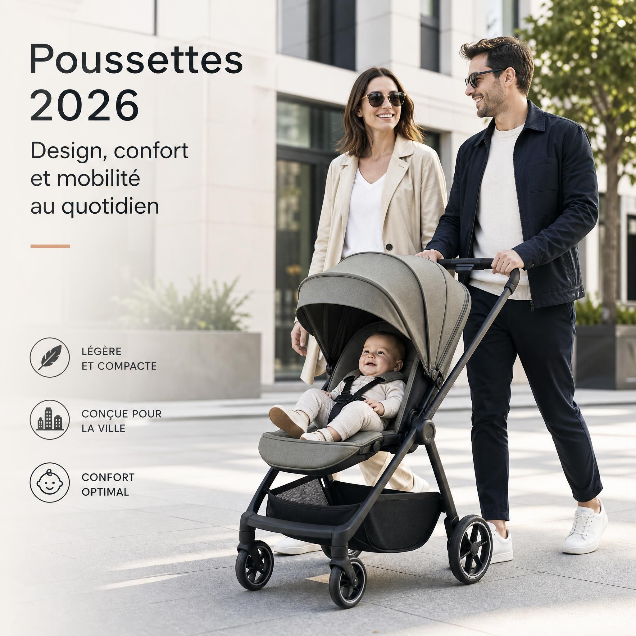 poussette moderne 2026 design épuré parents urbains promenade en ville avec bébé