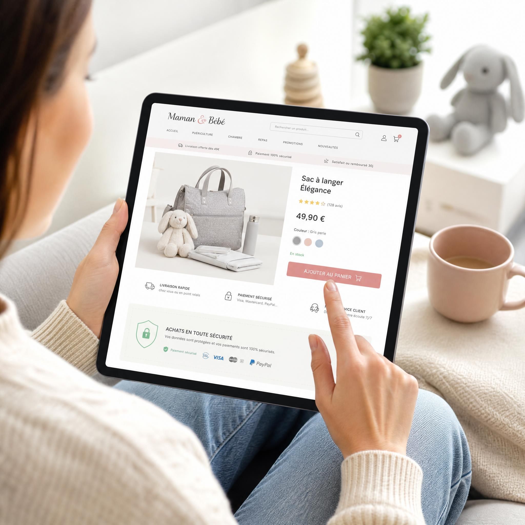 parent utilisant une tablette pour acheter des accessoires bébé en ligne sur un site e-commerce sécurisé