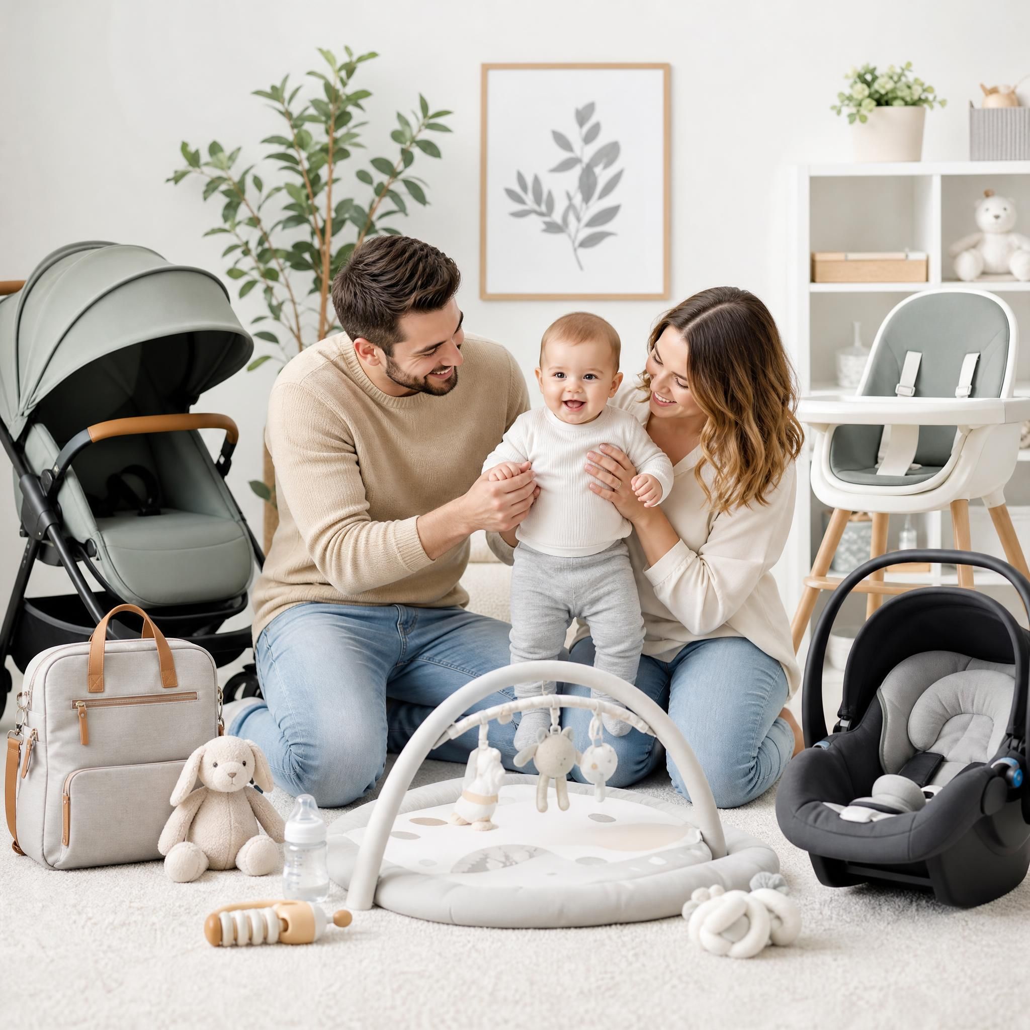 parents heureux avec bébé entouré d'accessoires de puériculture modernes