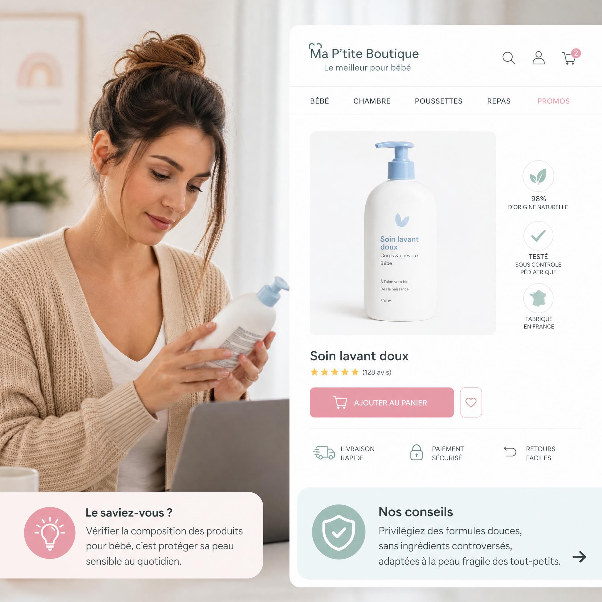 jeune maman attentive vérifiant l'étiquette d'un produit bébé dans une boutique de puériculture en ligne