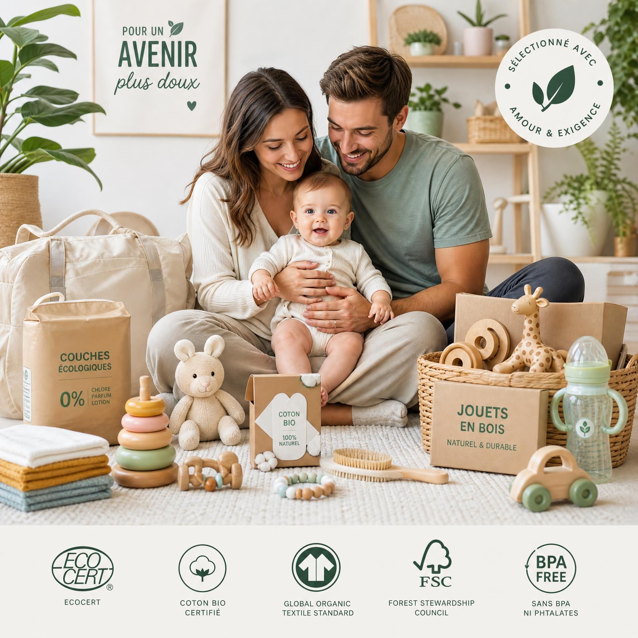 Famille heureuse avec bébé entourée de produits de puériculture certifiés éco-responsables, accessoires bébé durables et jouets naturels