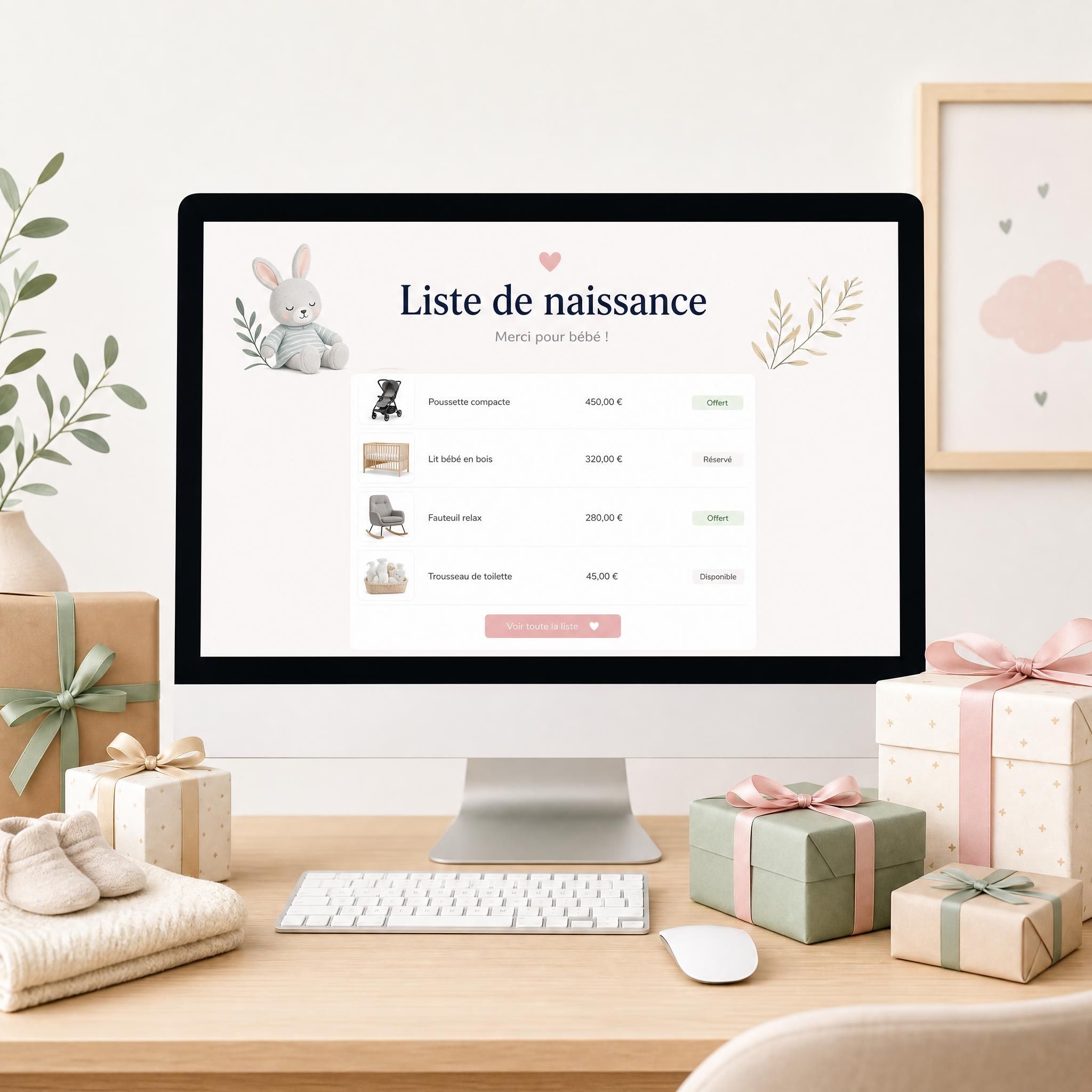 liste de naissance bébé sur écran d'ordinateur avec cadeaux emballés autour