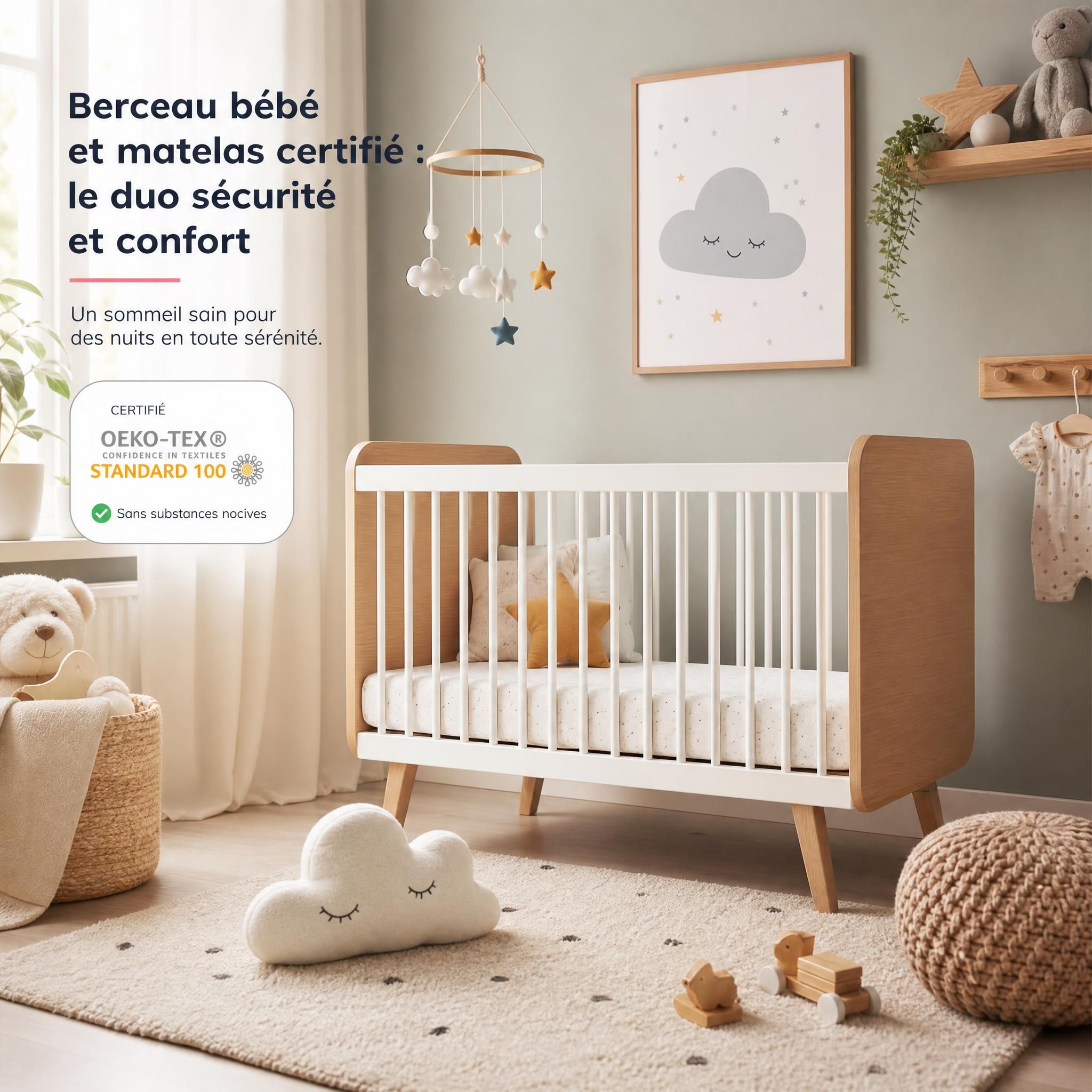 berceau bébé moderne avec matelas certifié sécurité, chambre bébé douce et lumineuse