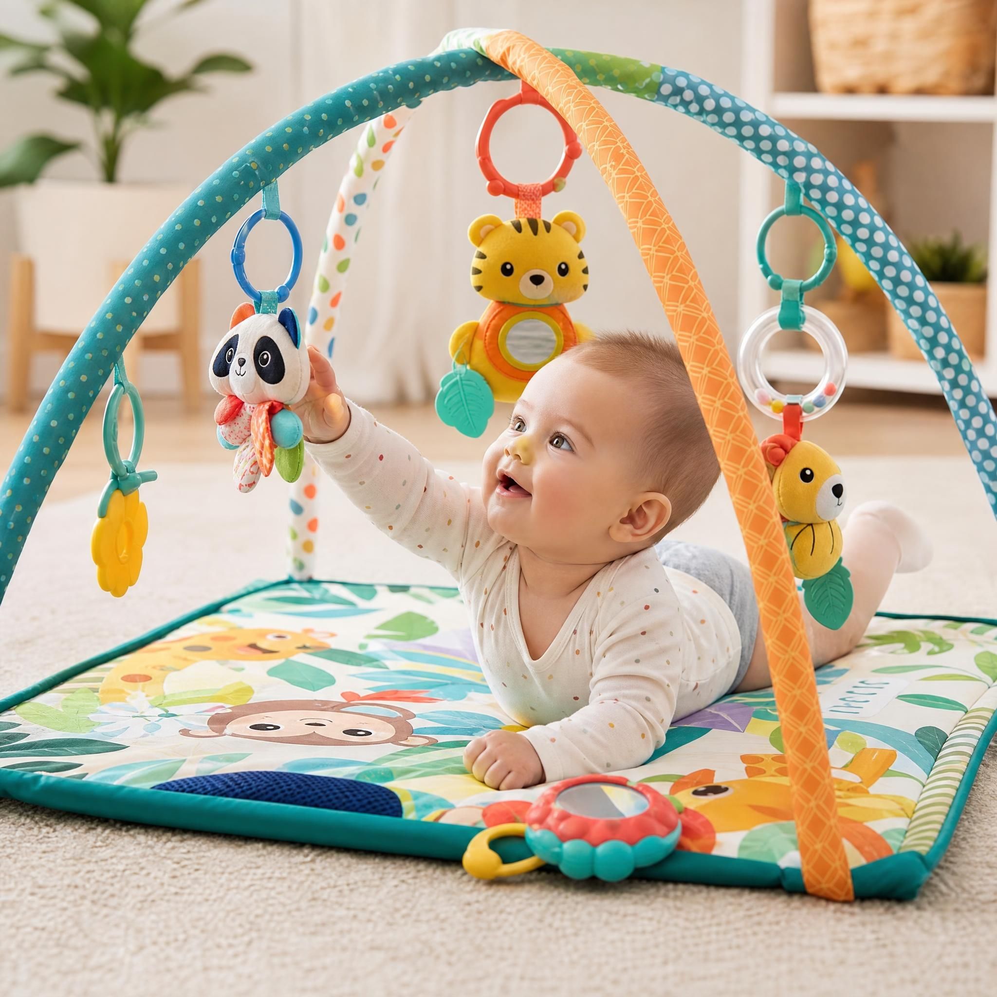 Bébé en plein éveil sur tapis d'activités coloré avec arches et hochets - stimulation sensorielle 0-6 mois