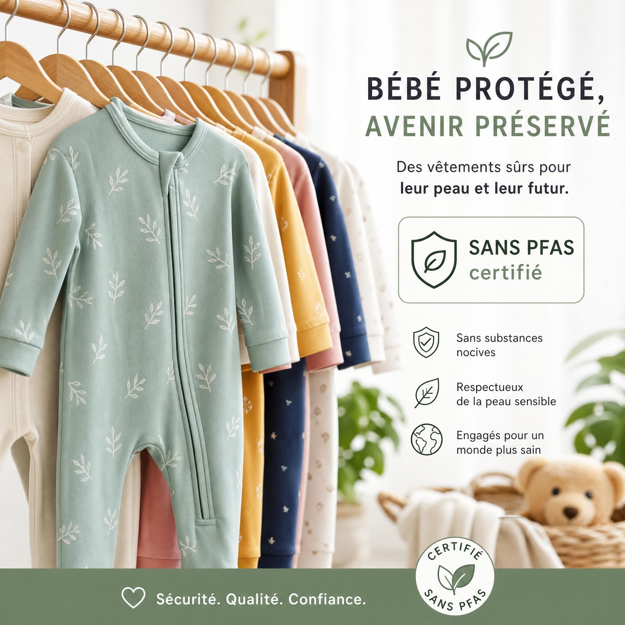 vêtements bébé colorés et sécurisés sur cintre, combinaison bébé sans PFAS certifiée
