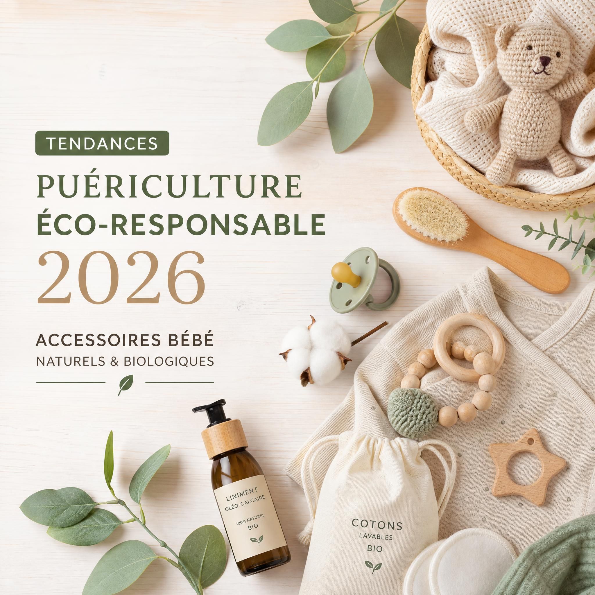Tendances puériculture éco-responsable 2026 - accessoires bébé naturels et biologiques sur fond bois clair