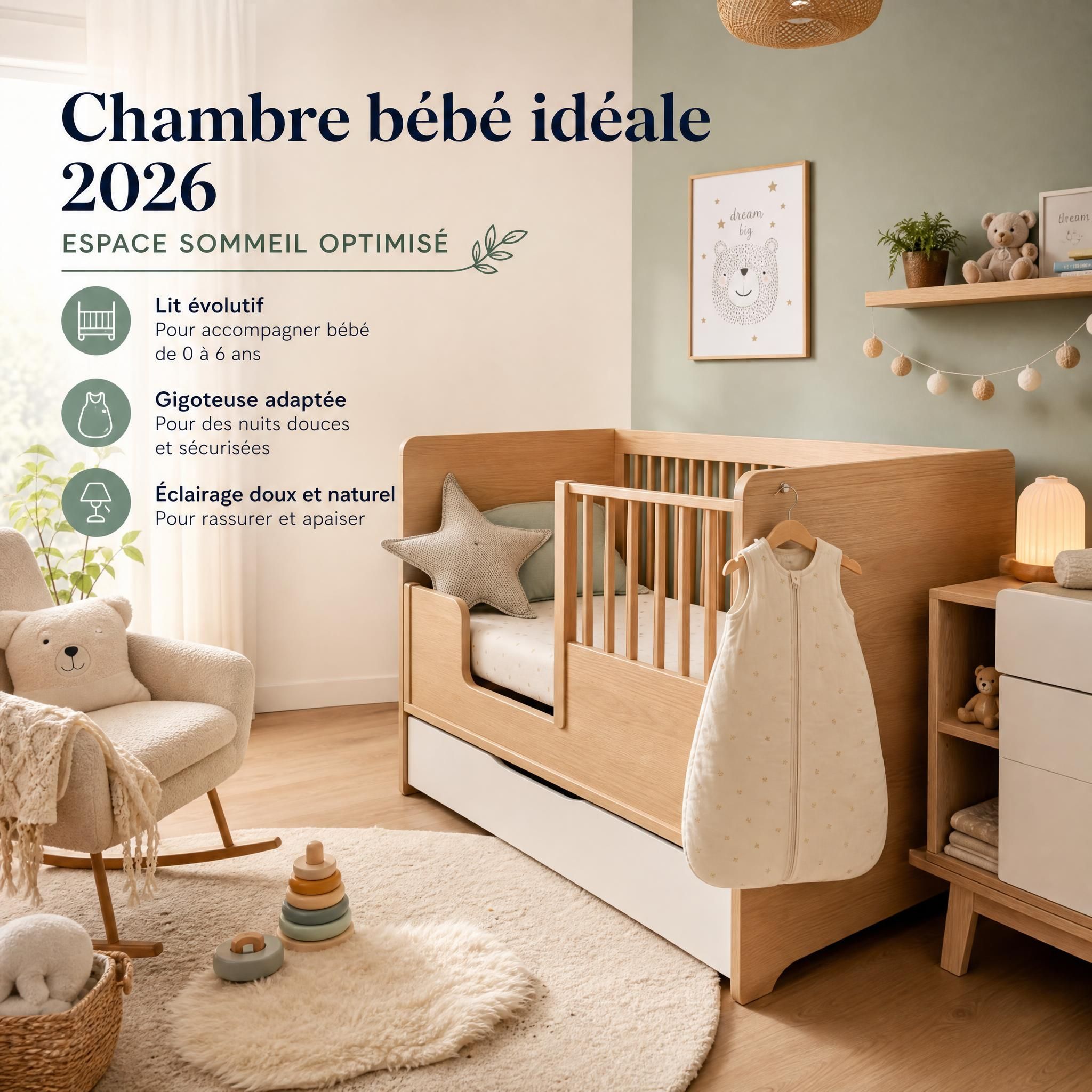 Chambre bébé idéale 2026 - espace sommeil optimisé avec lit évolutif, gigoteuse et éclairage doux naturel