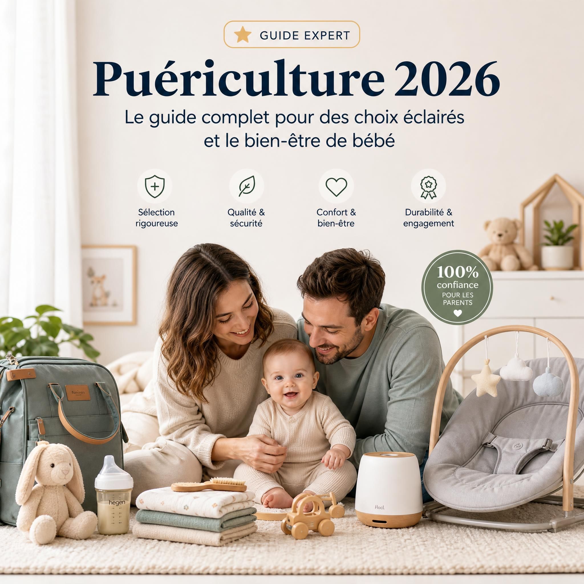 Guide expert puériculture 2026 - parents heureux entourant leur bébé avec des accessoires de qualité soigneusement sélectionnés