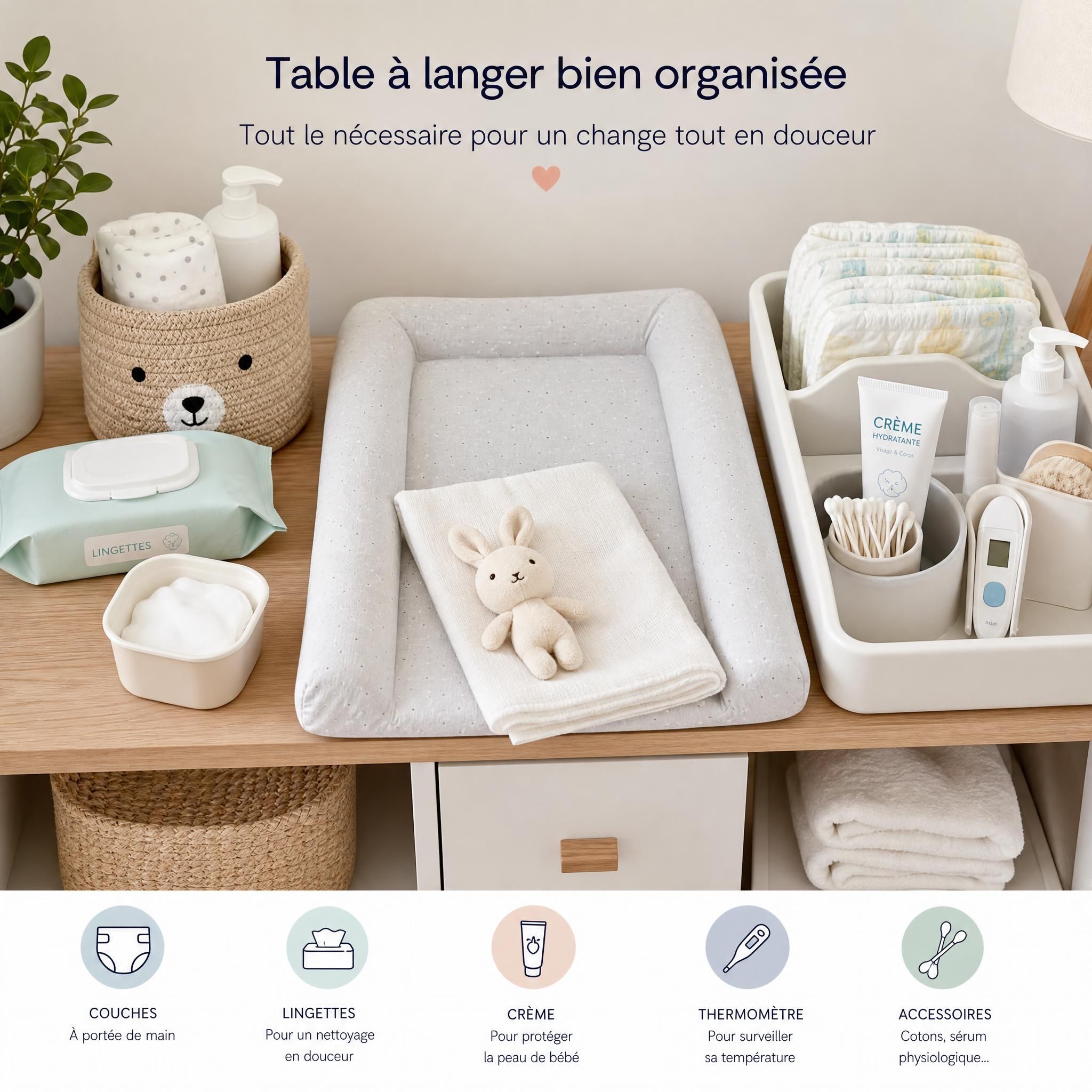 table à langer bien organisée avec tous les accessoires de change bébé - couches, lingettes, crème, thermomètre