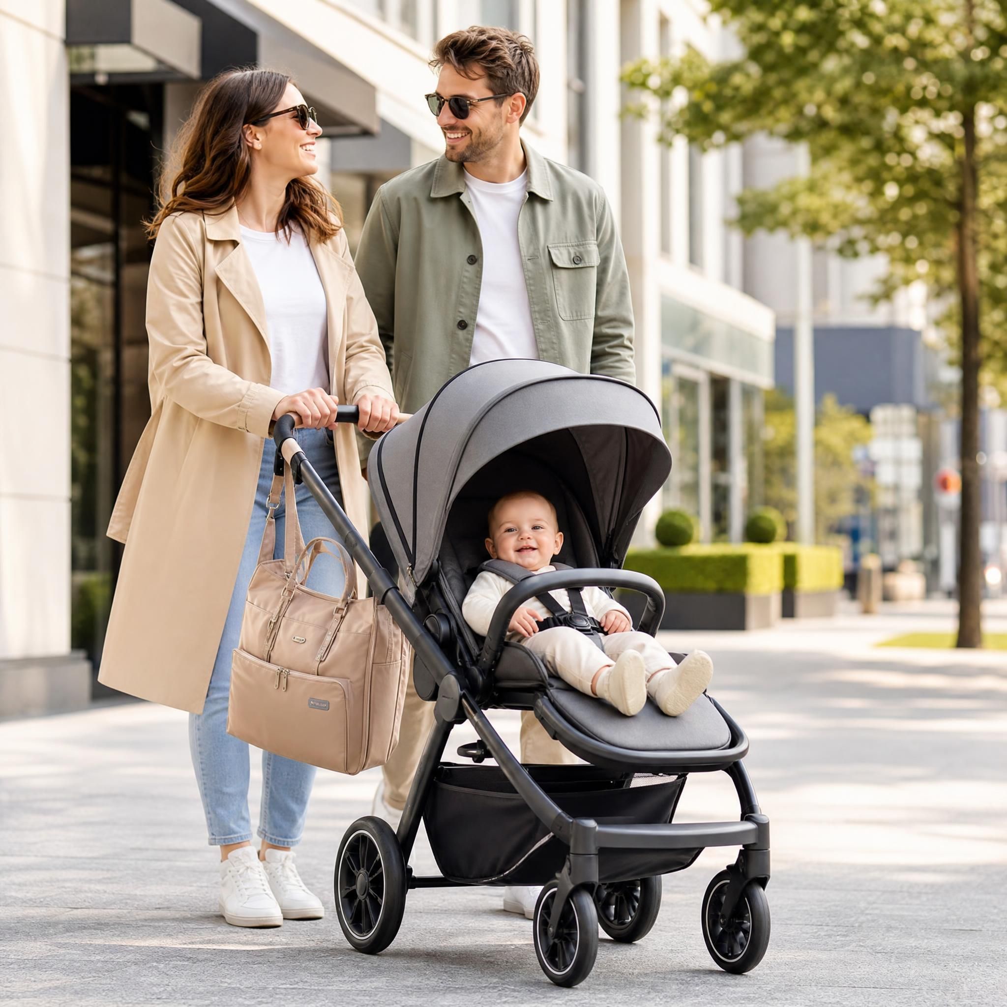 poussette moderne en ville avec bébé installé confortablement, sac à langer accroché, parents souriants