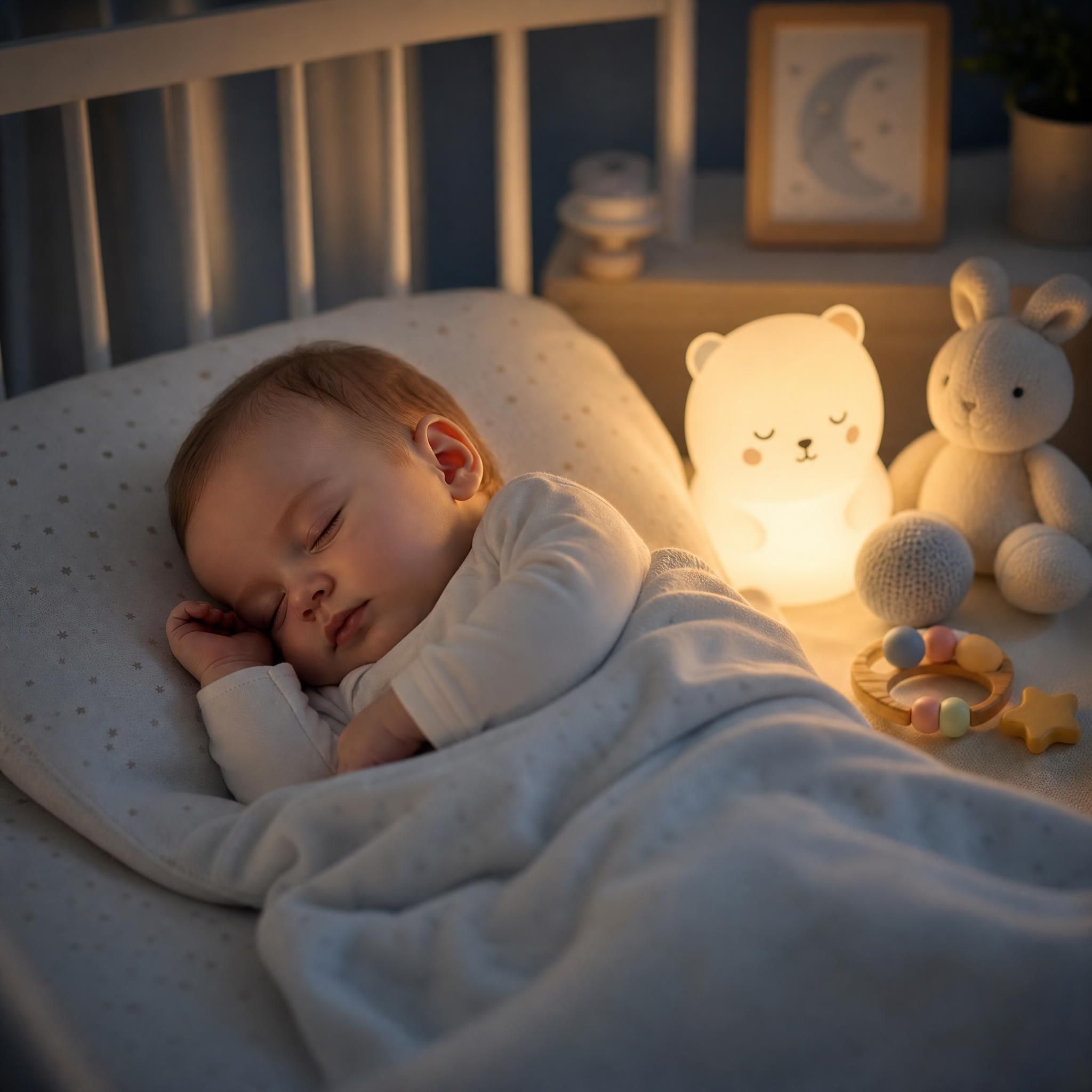 bébé endormi paisiblement dans son lit avec veilleuse douce et jouets d'éveil à côté