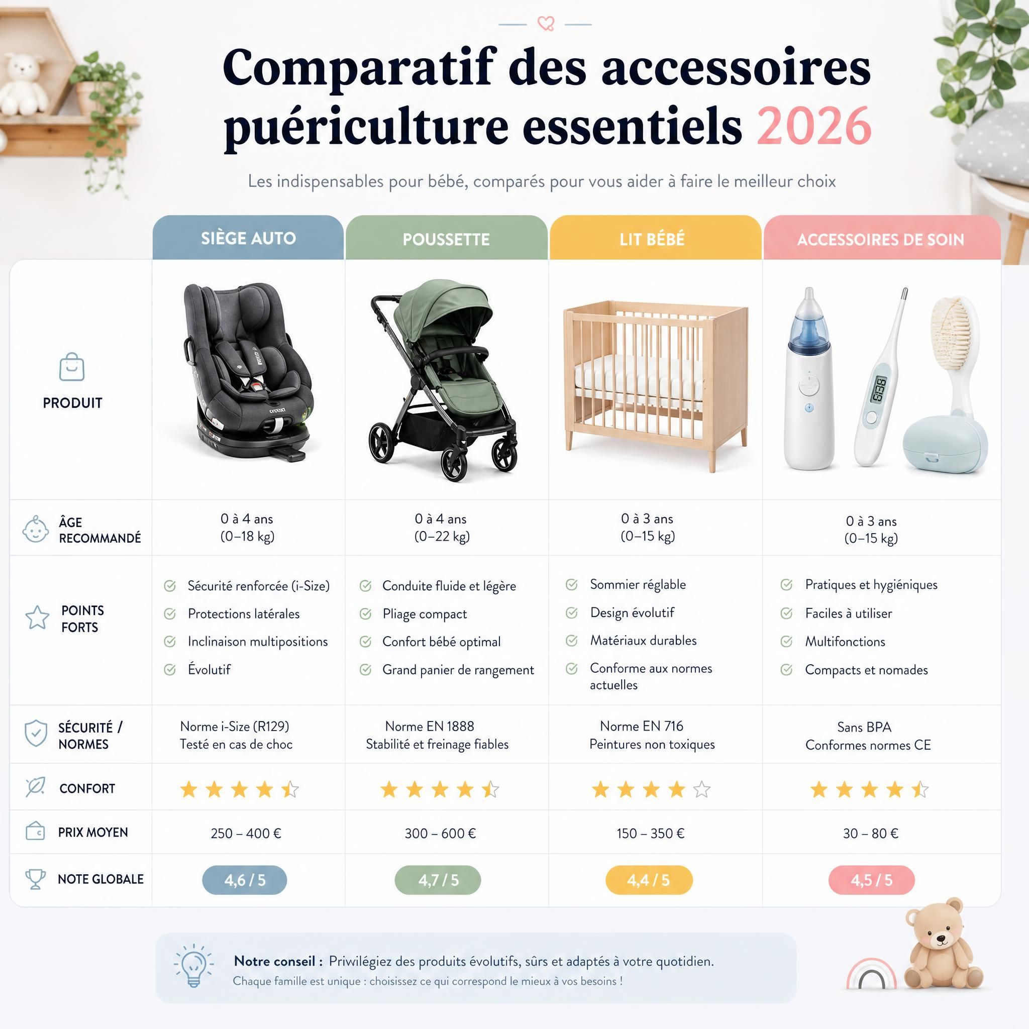 Comparatif accessoires puériculture essentiels 2026 - tableau visuel avec siège auto, poussette, lit bébé et accessoires de soin