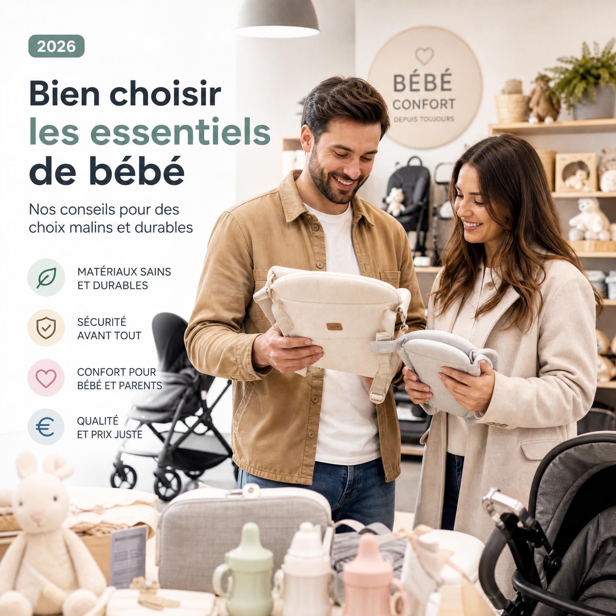 Parents heureux comparant des accessoires bébé dans un magasin de puériculture en 2026