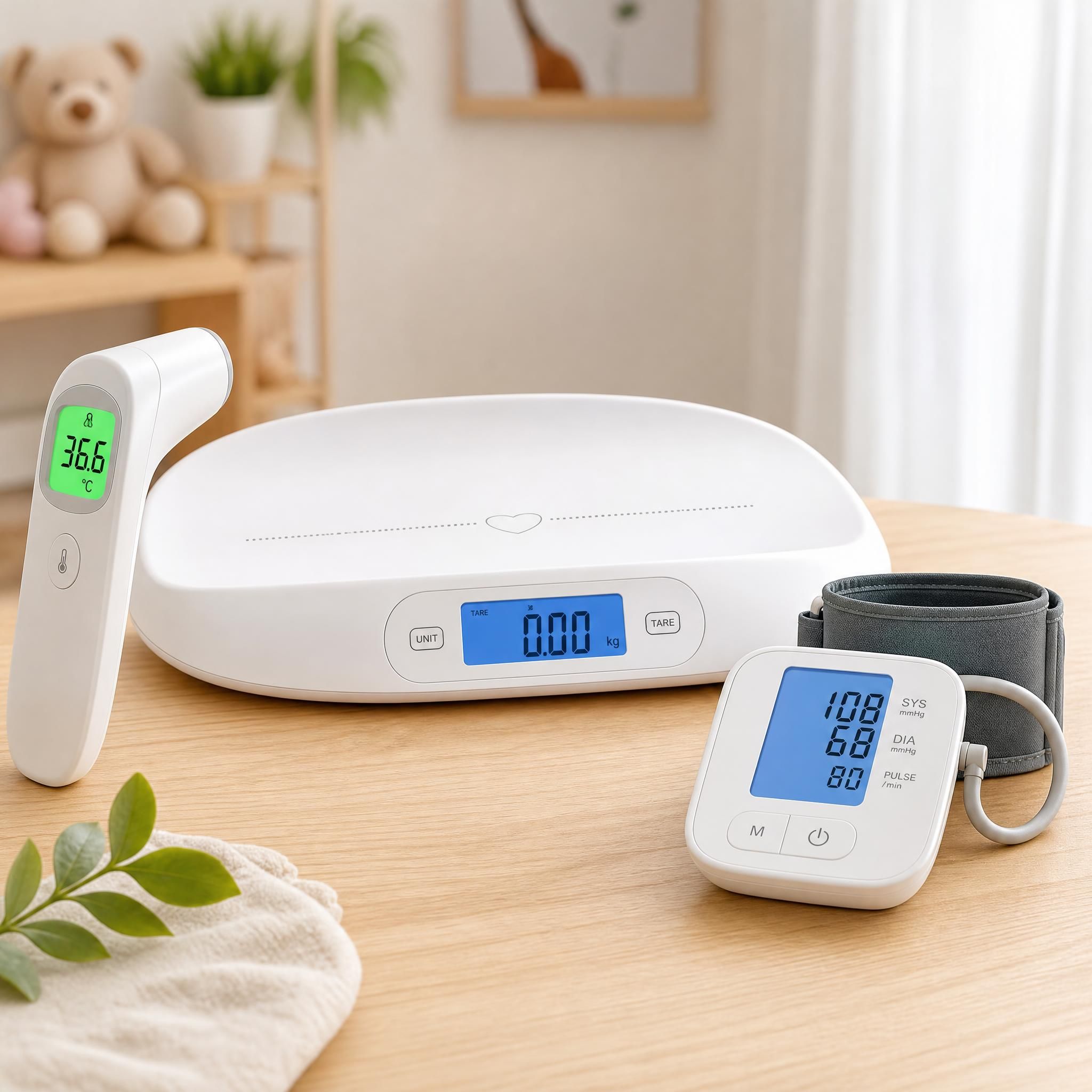 Collection d'objets connectés pour bébé : thermomètre infrarouge, balance numérique, tensiomètre, disposés sur une table en bois naturel