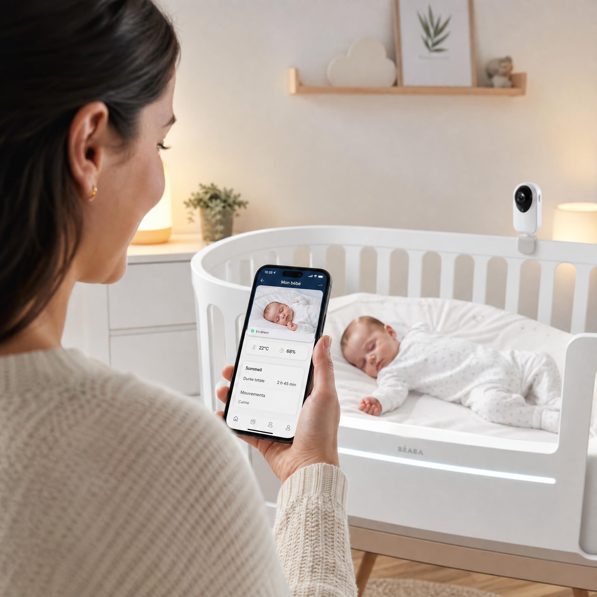 parent connecté utilisant une application de suivi bébé sur smartphone devant un berceau high-tech avec babyphone connecté