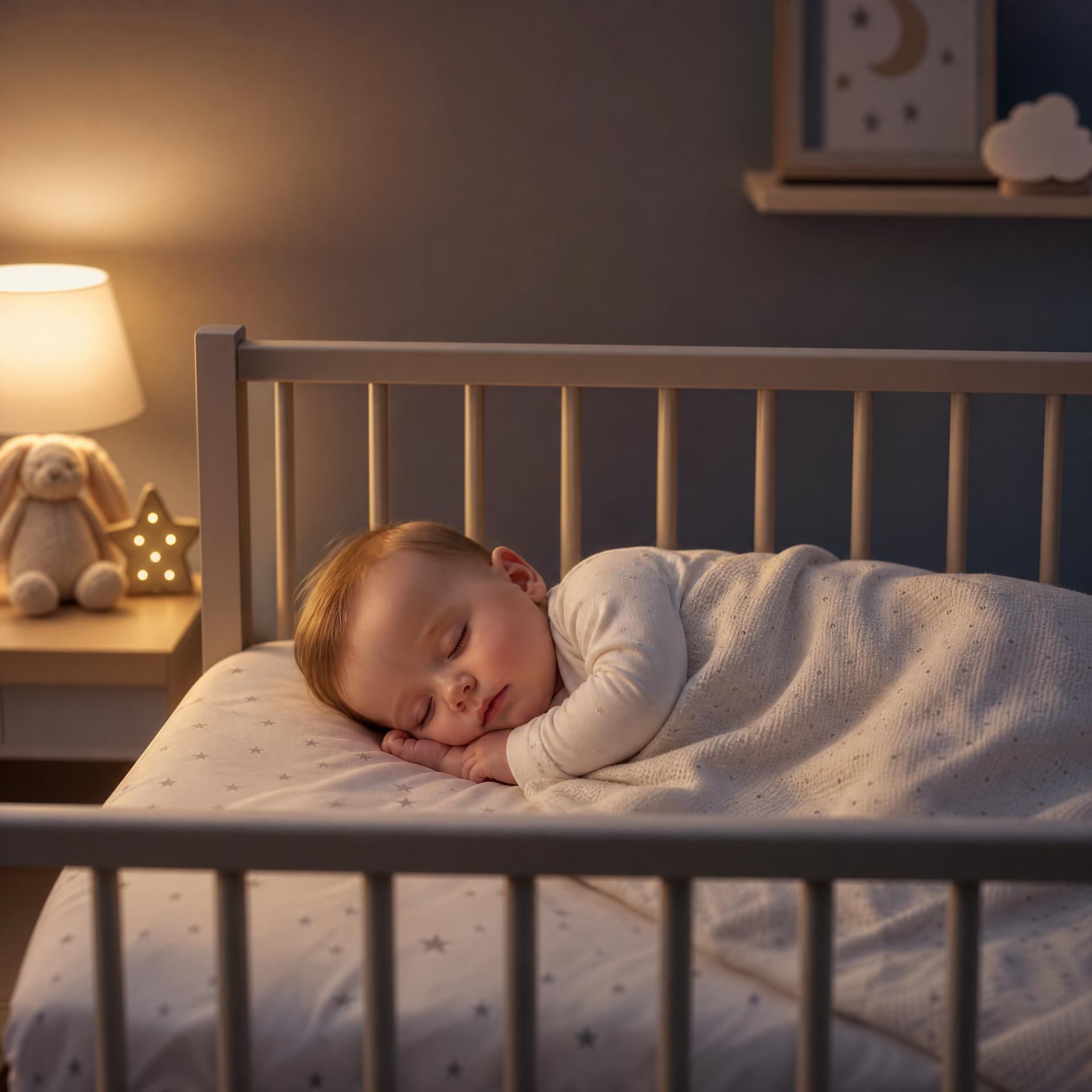 Bébé endormi paisiblement dans son lit à barreaux avec une lumière douce et tamisée